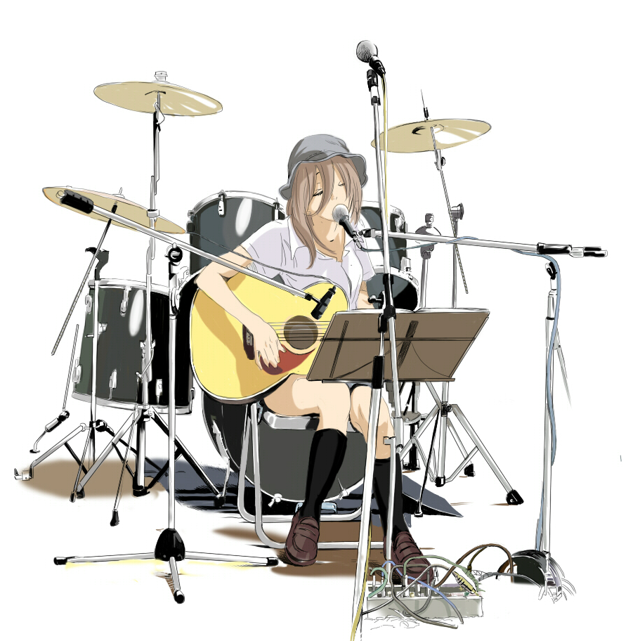 magomago, bad id, bad pixiv id, acoustic guitar, brown hair, bucket hat, cable, closed eyes, cymbals, drum, drum set, guitar, hat, instrument, kneehighs, long hair, microphone, microphone stand, music, singing, socks, solo