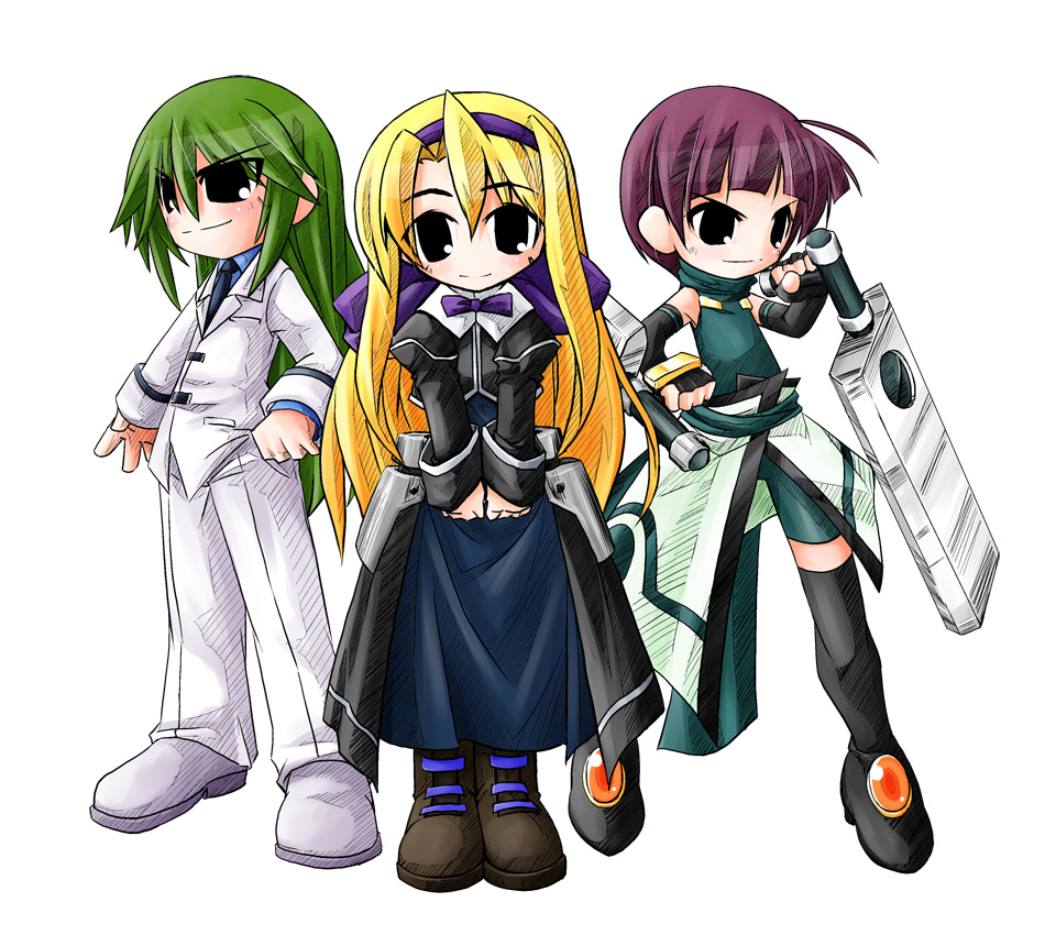 u-ka, carim gracia, schach nouera, verossa acous, lyrical nanoha, mahou shoujo lyrical nanoha, mahou shoujo lyrical nanoha strikers, black legwear, uniform, 00s, 1boy, 2girls, ahoge, black dress, black eyes, blonde hair, blunt bangs, brooch, dress, gem, green hair, jewelry, long hair, long sleeves, looking at viewer, multiple girls, pants, purple hair, short hair, shoulder pads, simple background, thighhighs, very long hair, white background, zettai ryouiki