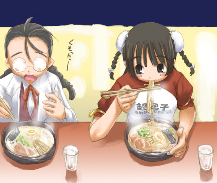 kasuga yukihito, chao lingshen, hakase satomi, mahou sensei negima!, translated, 00s, 2girls, black hair, blush stickers, braid, brown eyes, bun cover, chopsticks, double bun, eating, egg, food, glass, glasses, meat, multiple girls, noodles, nori (seaweed), raglan sleeves, ramen, steam, twin braids