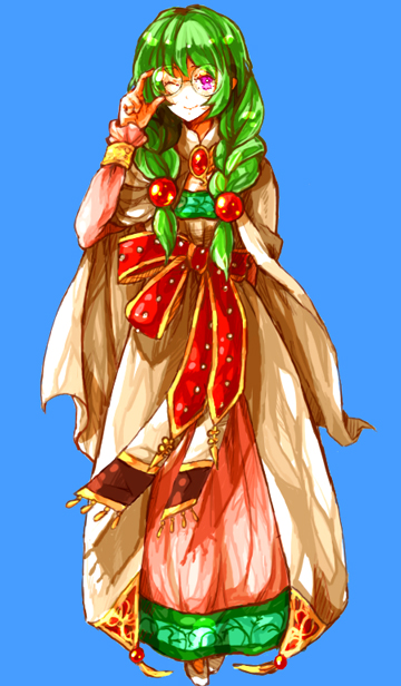 dada, dada (dolce), philia felice, tales of (series), tales of destiny, bad id, bad pixiv id, 1girl, adjusting eyewear, blue background, braid, dress, female focus, glasses, green hair, hair over shoulder, long hair, one eye closed, pink dress, pink eyes, round eyewear, solo, twin braids, wink