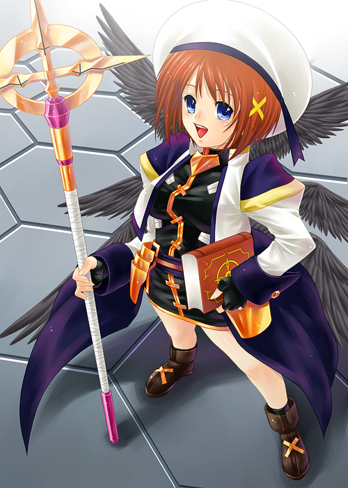 ayato, schwertkreuz, yagami hayate, lyrical nanoha, mahou shoujo lyrical nanoha, mahou shoujo lyrical nanoha strikers, 00s, 1girl, :d, bad anatomy, black gloves, blue eyes, blush, brown hair, female focus, fingerless gloves, full body, gloves, hair ornament, long sleeves, looking at viewer, open mouth, poorly drawn, rod, short hair, shorts, smile, solo, staff, stone floor, waist cape, x hair ornament