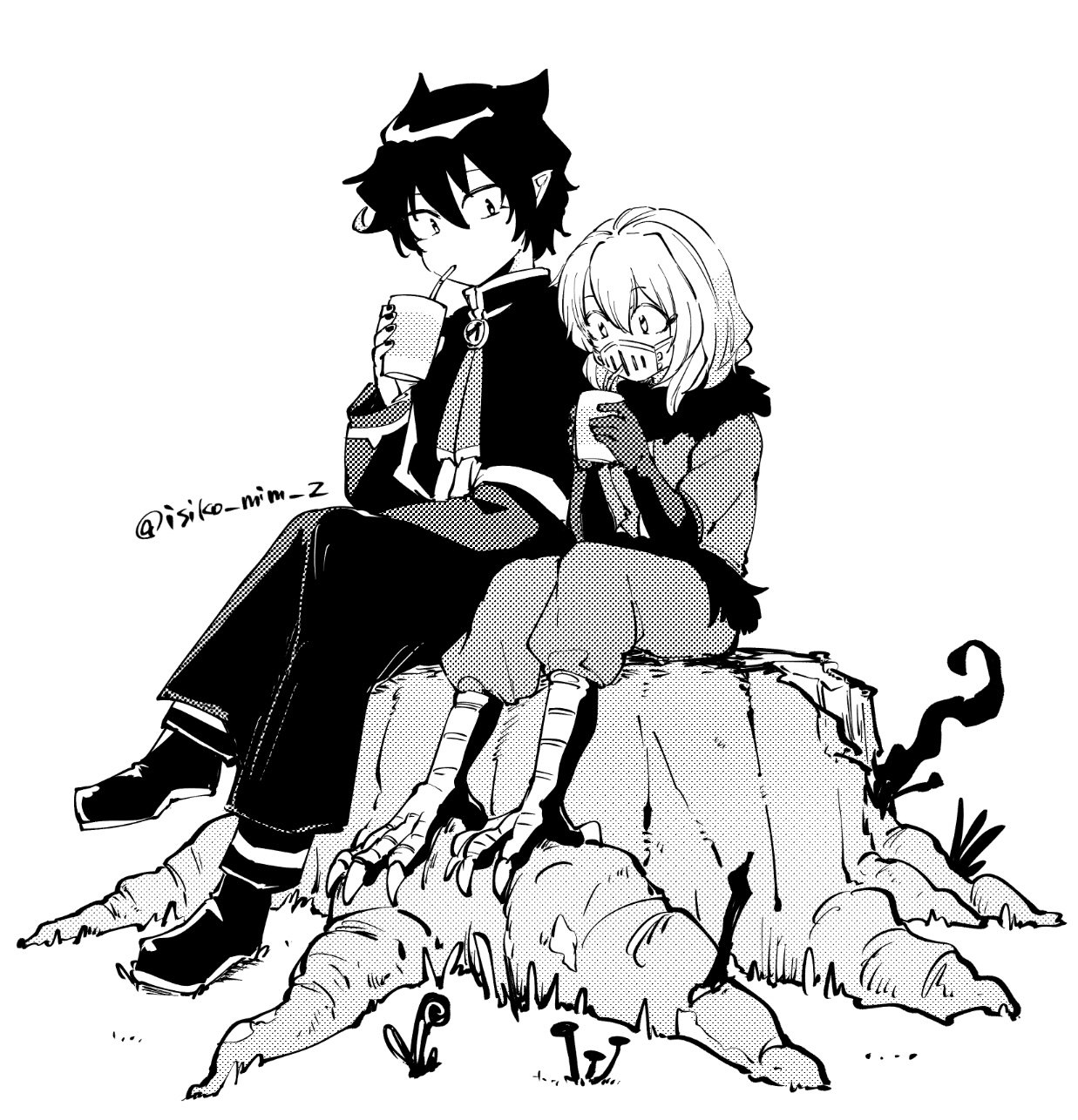 naberius kalego, mairimashita! iruma-kun, highres, 2boys, balam shichiro, bird legs, capelet, cup, drinking, drinking straw, greyscale, holding, holding cup, isiko mim z, long skirt, long sleeves, looking at another, male focus, mask, medium hair, monochrome, mouth mask, multiple boys, nail polish, pants, school uniform, short hair, sitting, skirt, twitter username