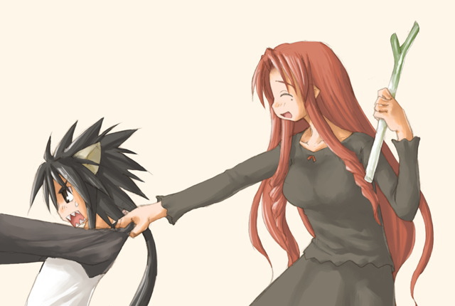 kasuga yukihito, inugami kotarou, naba chizuru, mahou sensei negima!, 00s, 1boy, 1girl, animal ears, black hair, dragging, long hair, spring onion, teenage girl and younger boy, you gonna get raped