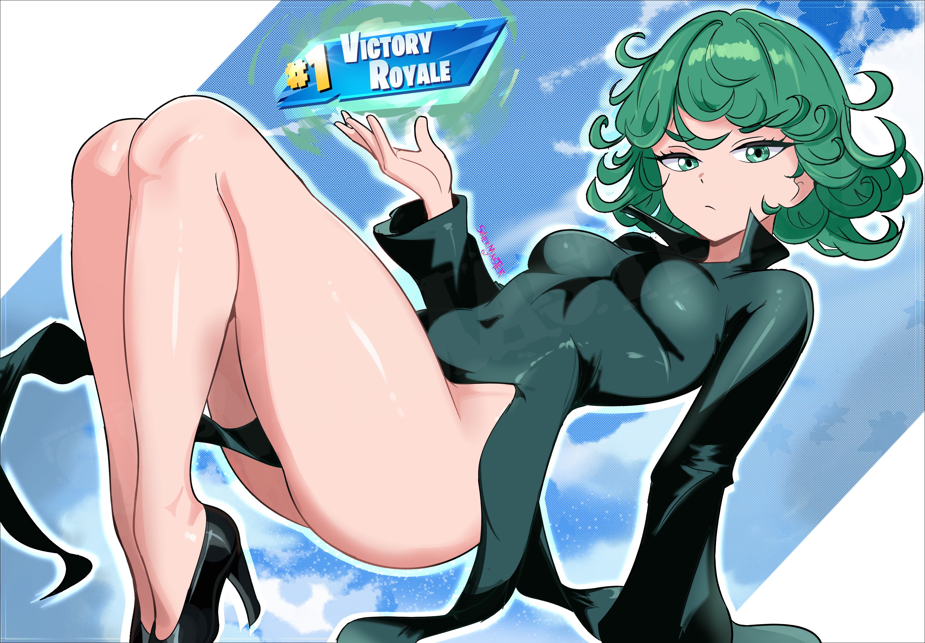 master67silver, tatsumaki, fortnite, one-punch man, victory, highres, 1girl, bare legs, black dress, breasts, covered navel, curly hair, dress, green eyes, green hair, high heels, long sleeves, looking at viewer, popped collar, short hair, small breasts, solo, taut clothes, taut dress, thighs, v-shaped eyebrows