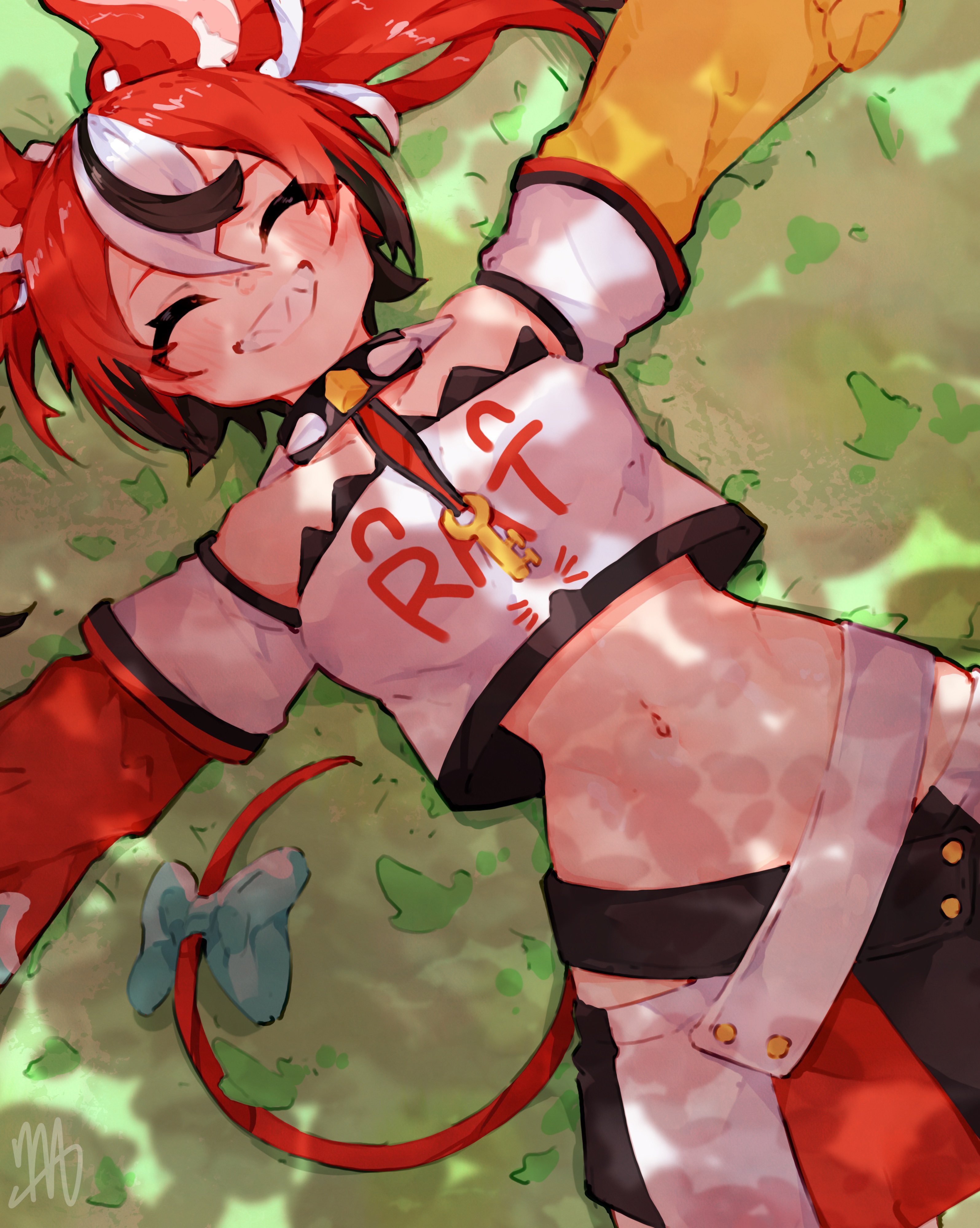 ma draws, hakos baelz, hakos baelz (1st costume), hololive, hololive english, absurdres, highres, 1girl, animal ears, asymmetrical sleeves, black skirt, black streaks, bow, breasts, closed eyes, collar, crop top, dappled sunlight, grass, grin, medium breasts, mismatched sleeves, mouse ears, mouse girl, mouse tail, multicolored skirt, navel, outdoors, red hair, red skirt, red sleeves, sharp teeth, shirt, skirt, smile, solo, spiked collar, spikes, sunlight, tail, tail bow, tail ornament, teeth, virtual youtuber, white hair, white shirt, white skirt, yellow sleeves