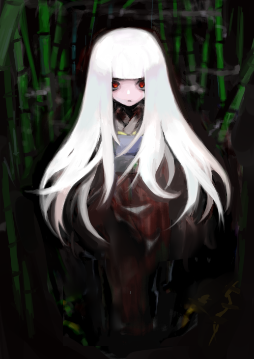 ume (datsuryokugen), original, 1girl, albino, bamboo, bamboo forest, female focus, forest, long hair, nature, red eyes, solo, white hair