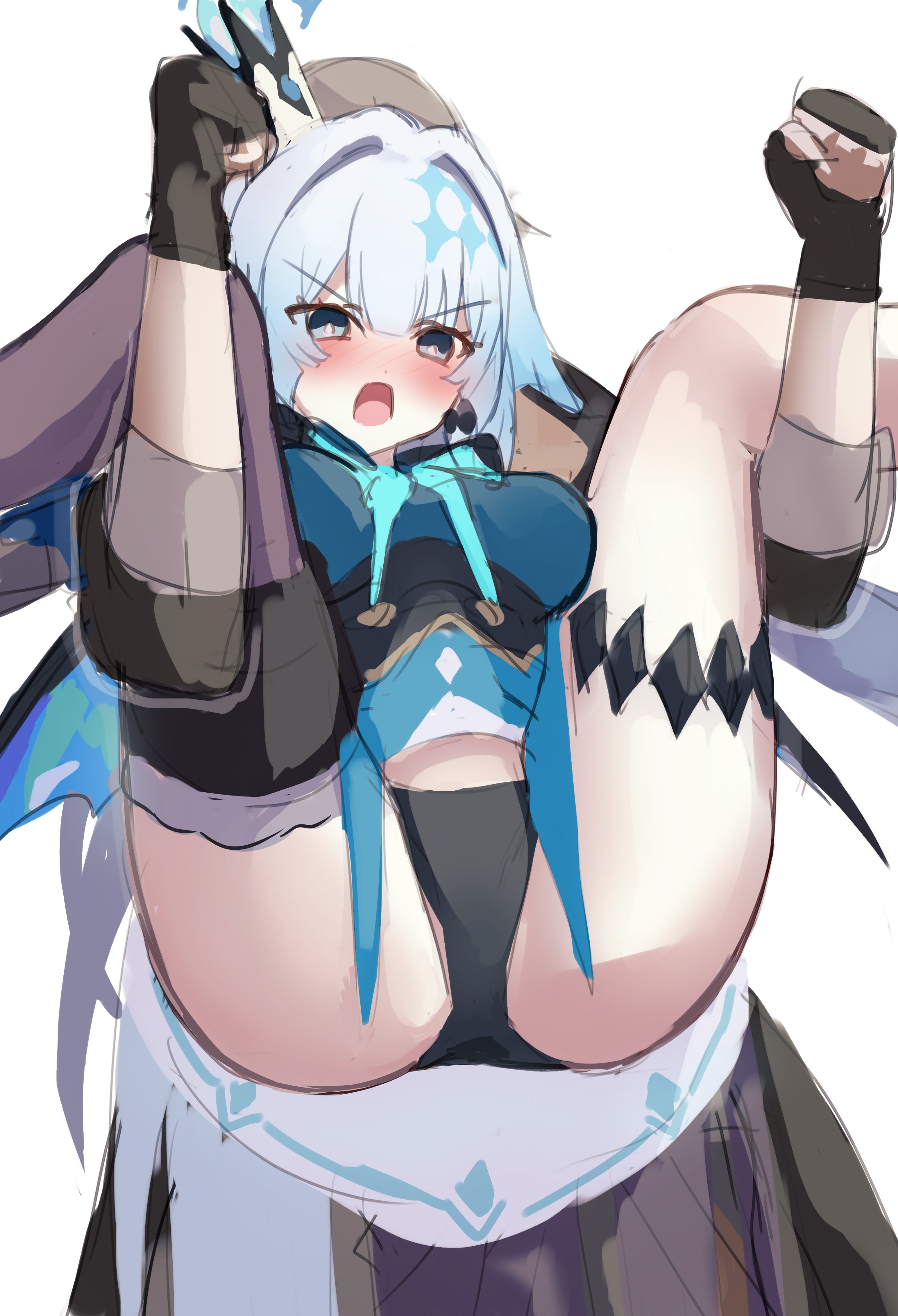 takahashi hizumi, cerydra (honkai: star rail), honkai: star rail, honkai (series), absurdres, highres, 1boy, 1girl, black panties, black thighhighs, blue dress, blue eyes, blue hair, blush, breasts, crown, dress, hetero, large breasts, lifting person, long hair, m legs, open mouth, panties, simple background, single thighhigh, spread legs, thighhighs, thighs, underwear, white background, wings