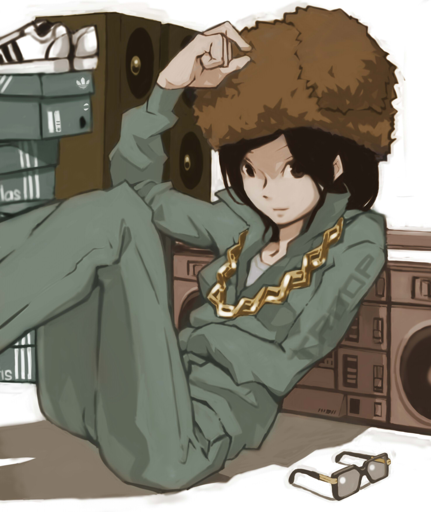 tomioka jirou, adidas, original, bad id, bad pixiv id, highres, bling, glasses, hat, shoes, solo, stereo, tomboy
