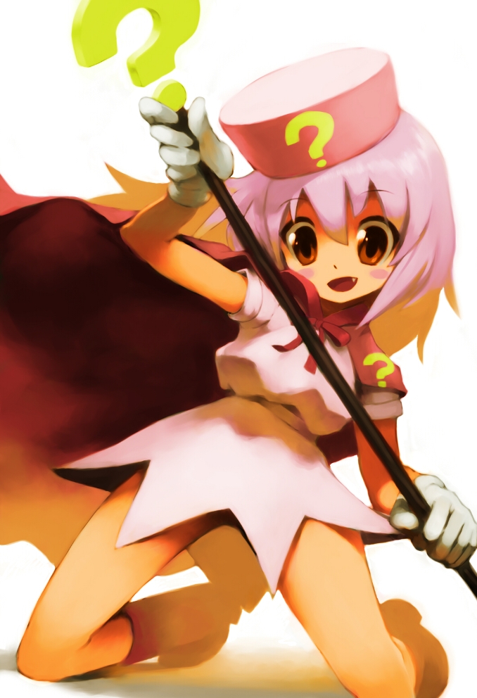 tomioka jirou, hatena yousei, benesse, 1girl, ?, cape, fang, female focus, hat, legs, pink hair, pink hat, solo, staff