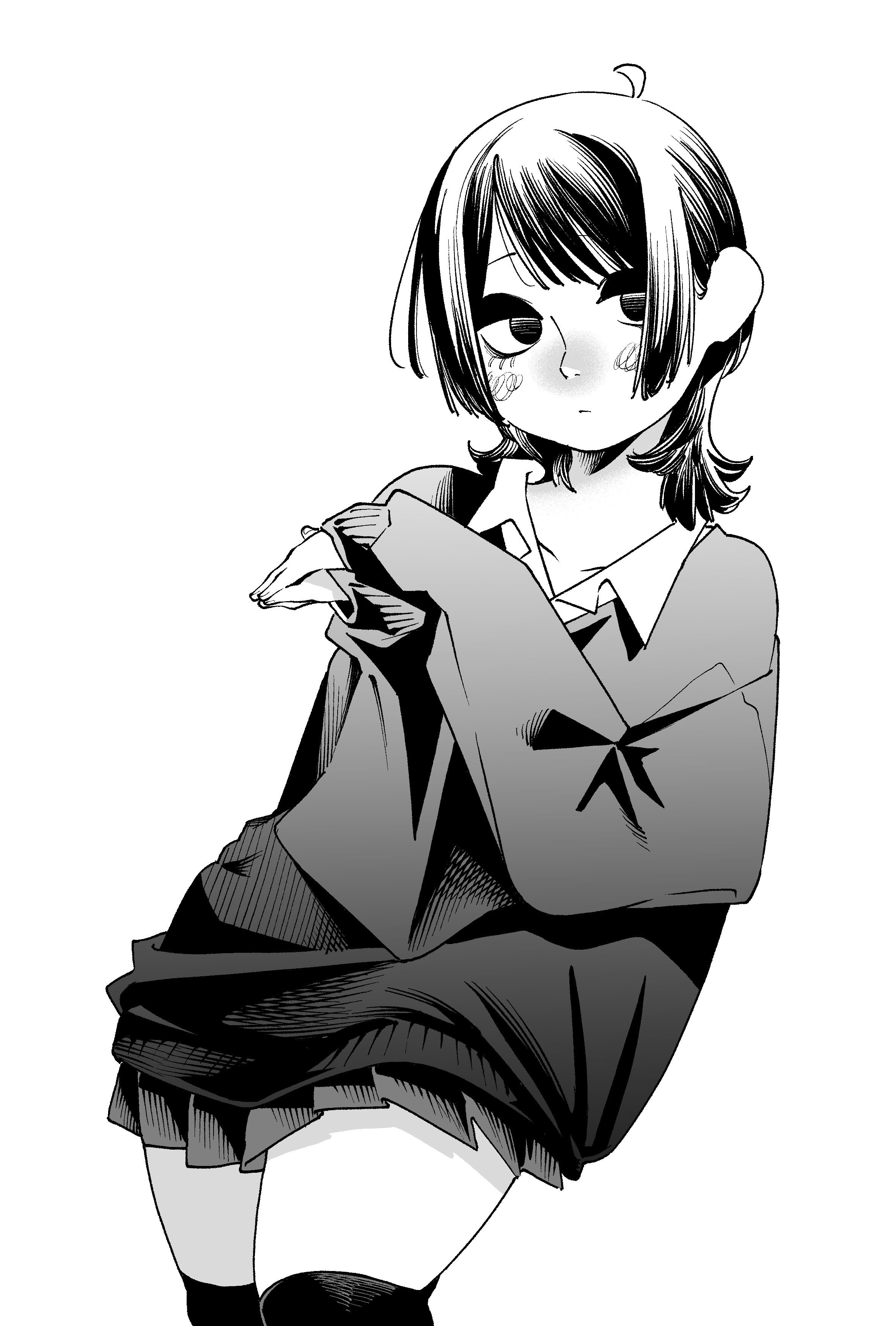 gavucchi, original, absurdres, highres, 1girl, ahoge, blush, closed mouth, collarbone, collared shirt, cowboy shot, crosshatching, greyscale, hands up, hatching (texture), head tilt, leaning to the side, linear hatching, looking at viewer, medium hair, miniskirt, monochrome, open collar, own hands together, pleated skirt, shirt, simple background, skirt, sleeves past wrists, solo, standing, sweater, swept bangs, thighhighs, white background, zettai ryouiki