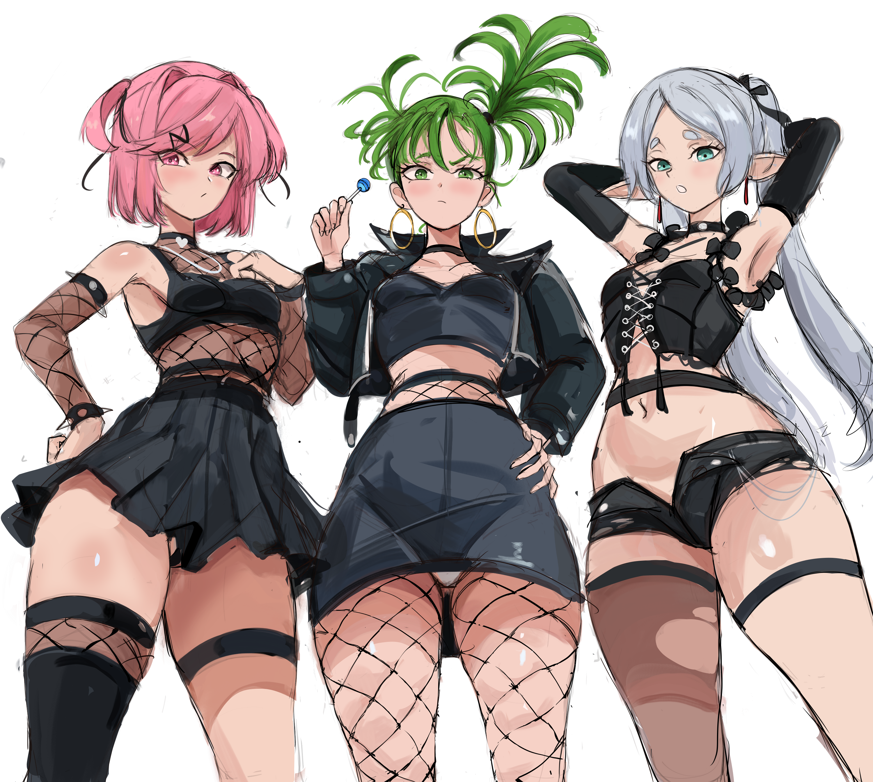 rakeemspoon, frieren, natsuki (doki doki literature club), tatsumaki, tatsumaki (chapter 171 cover), doki doki literature club, one-punch man, sousou no frieren, absurdres, commentary, english commentary, highres, 3girls, alternate hairstyle, black choker, black jacket, black thighhighs, breasts, candy, choker, crop top, crossover, curly hair, earrings, elf, fishnet pantyhose, fishnet sleeves, fishnets, food, green eyes, green hair, grey hair, hair ornament, high-waist pantyhose, holding, holding candy, holding food, holding lollipop, hoop earrings, jacket, jewelry, leather, leather jacket, lollipop, long hair, looking at viewer, midriff, miniskirt, multiple crossover, multiple girls, navel, one side up, open clothes, open fly, open jacket, pantyhose, parted bangs, pink eyes, pink hair, pointy ears, short hair, short shorts, shorts, sideboob, single thighhigh, skirt, small breasts, stomach, thighhighs, twintails, underboob, white background