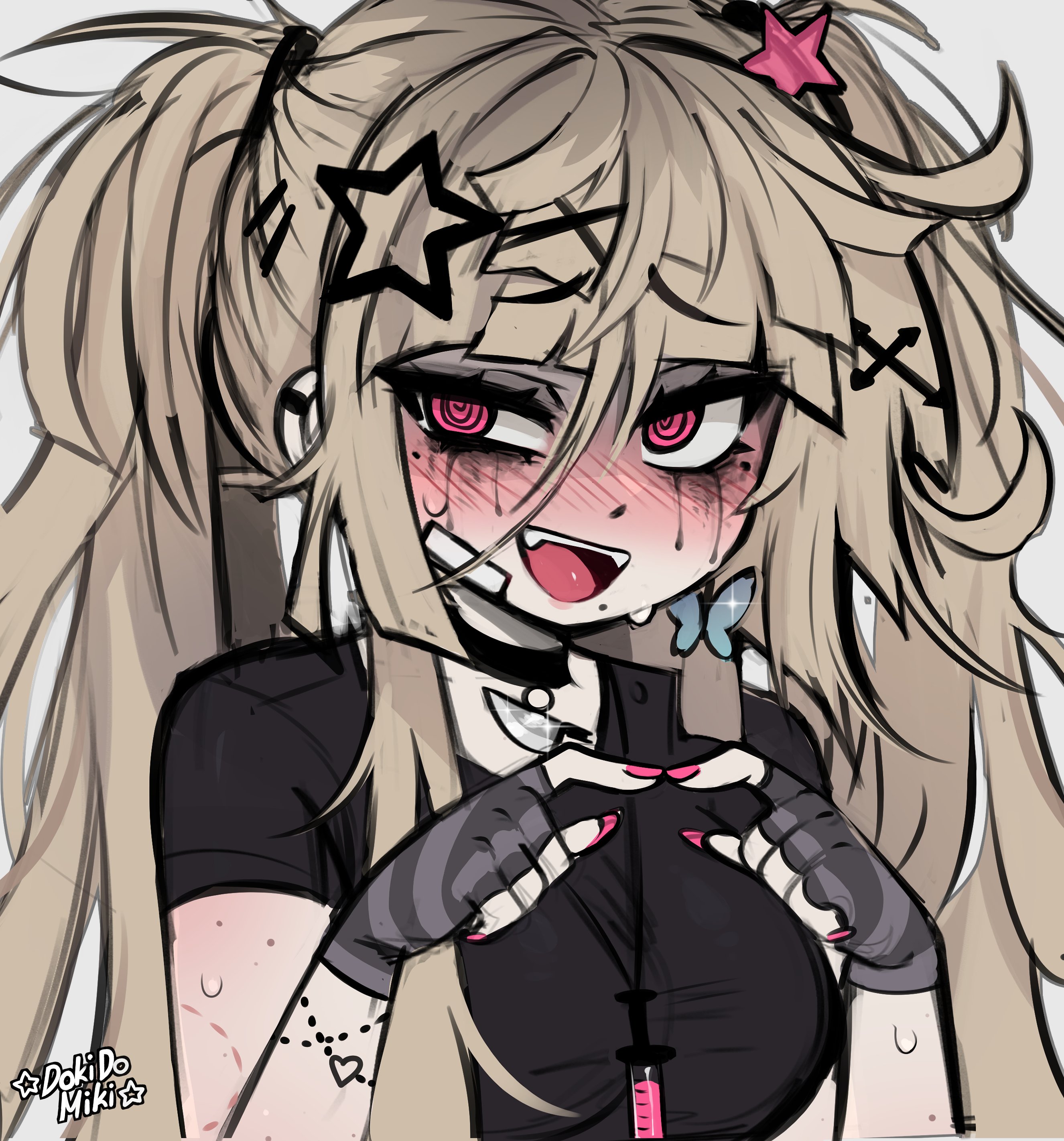dokidomiki, original, absurdres, commentary, english commentary, highres, 1girl, :d, @ @, artist name, bite mark, bite mark on arm, black choker, black gloves, black shirt, blonde hair, blush, breasts, butterfly earrings, choker, cross hair ornament, earrings, fangs, fingerless gloves, fingernails, gauze, gauze on cheek, gauze on face, gloves, hair between eyes, hair ornament, hands up, index fingers together, jewelry, large breasts, long hair, looking at viewer, makeup, mascara, messy hair, miki (dokidomiki), mole, mole under mouth, nail polish, open mouth, pink eyes, pink nails, raised inner eyebrows, runny makeup, shirt, short sleeves, simple background, smile, solo, star (symbol), star hair ornament, striped clothes, striped gloves, sweat, syringe necklace, t-shirt, talking, teeth, twitter username, two side up, uneven bangs, upper body, upper teeth only, white background, x hair ornament