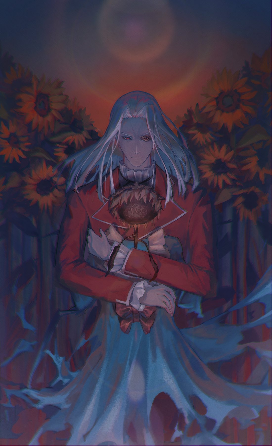 re (pixiv 89203939), pegasus j crawford, yu-gi-oh!, yu-gi-oh! duel monsters, highres, 1boy, blazer, crossed arms, dappled sunlight, dress, evening, facing another, field, flower, flower field, frilled shirt, frills, grey sky, holding, holding flower, holding unworn clothes, hug, jacket, light particles, looking ahead, male focus, medium hair, millennium eye, missing eye, one-eyed, outdoors, red eyes, red jacket, shirt, sky, sunflower, sunflower field, sunlight, torn clothes, torn dress, white dress, white hair, white shirt, wilted flower