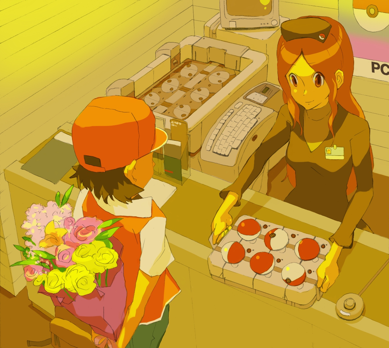 tomioka jirou, red (pokemon), nintendo, pokemon, pokemon rgby, super smash bros., uniform, 1990s (style), 1boy, 1girl, bag, baseball cap, black hair, bouquet, brown eyes, brown hair, flower, gift, hat, name tag, nurse, poke ball, poke ball (basic), poke ball theme, red hair, retro artstyle, shop