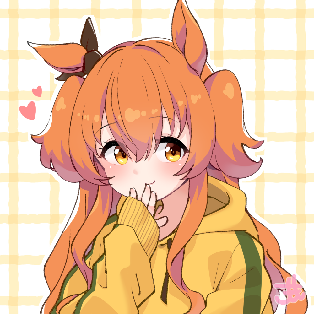 comomo, mayano top gun (umamusume), umamusume, commentary request, 1girl, animal ears, blush, bow, brown ribbon, ear bow, ear ribbon, grid background, hair between eyes, hand to own mouth, heart, hood, hood down, hoodie, horse ears, horse girl, long hair, long sleeves, looking at viewer, orange eyes, orange hair, ribbon, simple background, sleeves past wrists, smile, solo, two side up, upper body, yellow hoodie