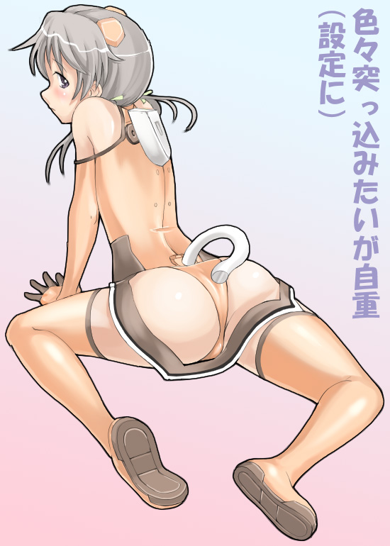 imaichi, sonomiya karen, sky girls, pilot suit, silver hair, 00s, 1girl, ass, blush, boots, elbow gloves, female focus, from behind, full body, gloves, gradient background, hair ribbon, halterneck, headgear, leotard, looking at viewer, looking back, low twintails, mecha pilot suit, motion slit, motionslit, orange boots, orange gloves, orange thighhighs, profile, purple eyes, ribbon, short hair, solo, spread legs, tail, thigh boots, thighhighs, turtleneck, twintails