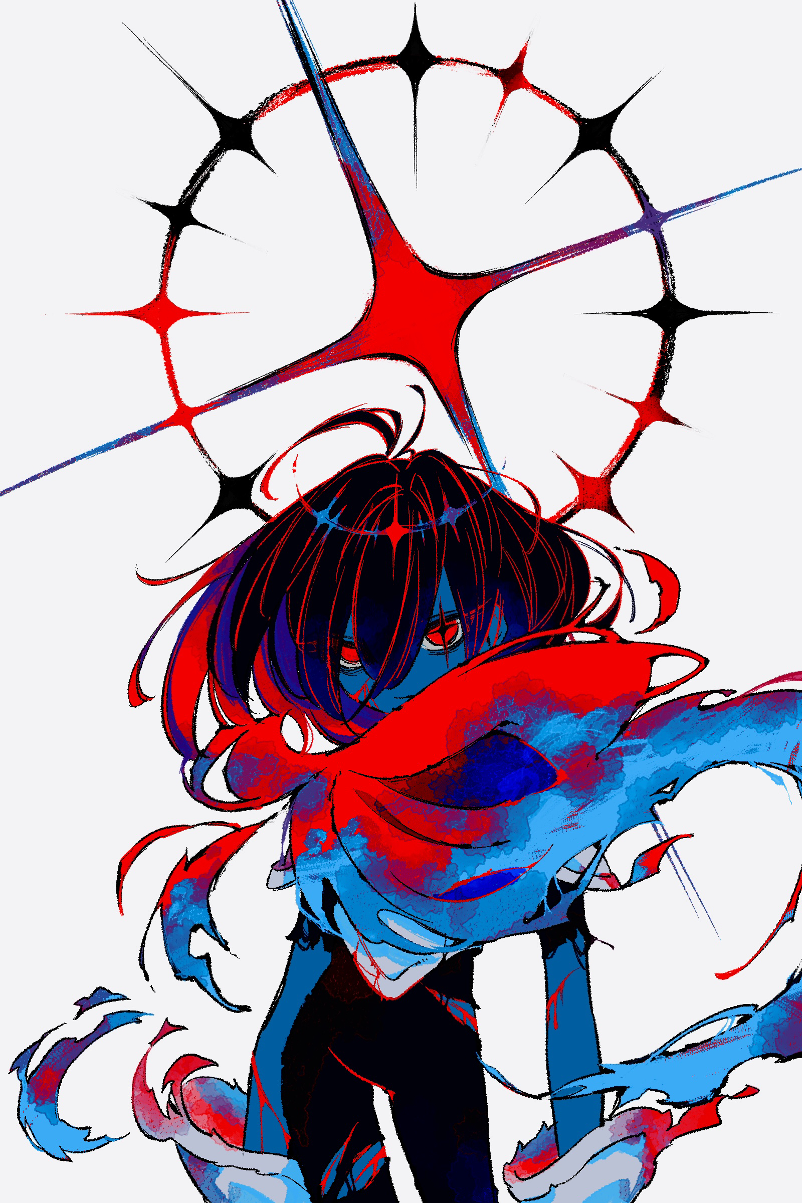 g c hori, kris (dark world) (deltarune), kris (deltarune), deltarune, utdr (toby fox), absurdres, commentary request, highres, 1other, antenna hair, armor, arms at sides, black bodysuit, black hair, blood, blood on clothes, blood on face, blue scarf, blue skin, bodysuit, closed mouth, colored skin, contrapposto, cowboy shot, grey background, hair between eyes, light smile, looking at viewer, medium hair, other focus, red eyes, red scarf, scarf, short sleeves, shoulder armor, simple background, solo, sparkle, standing, torn bodysuit, torn clothes, two-tone scarf