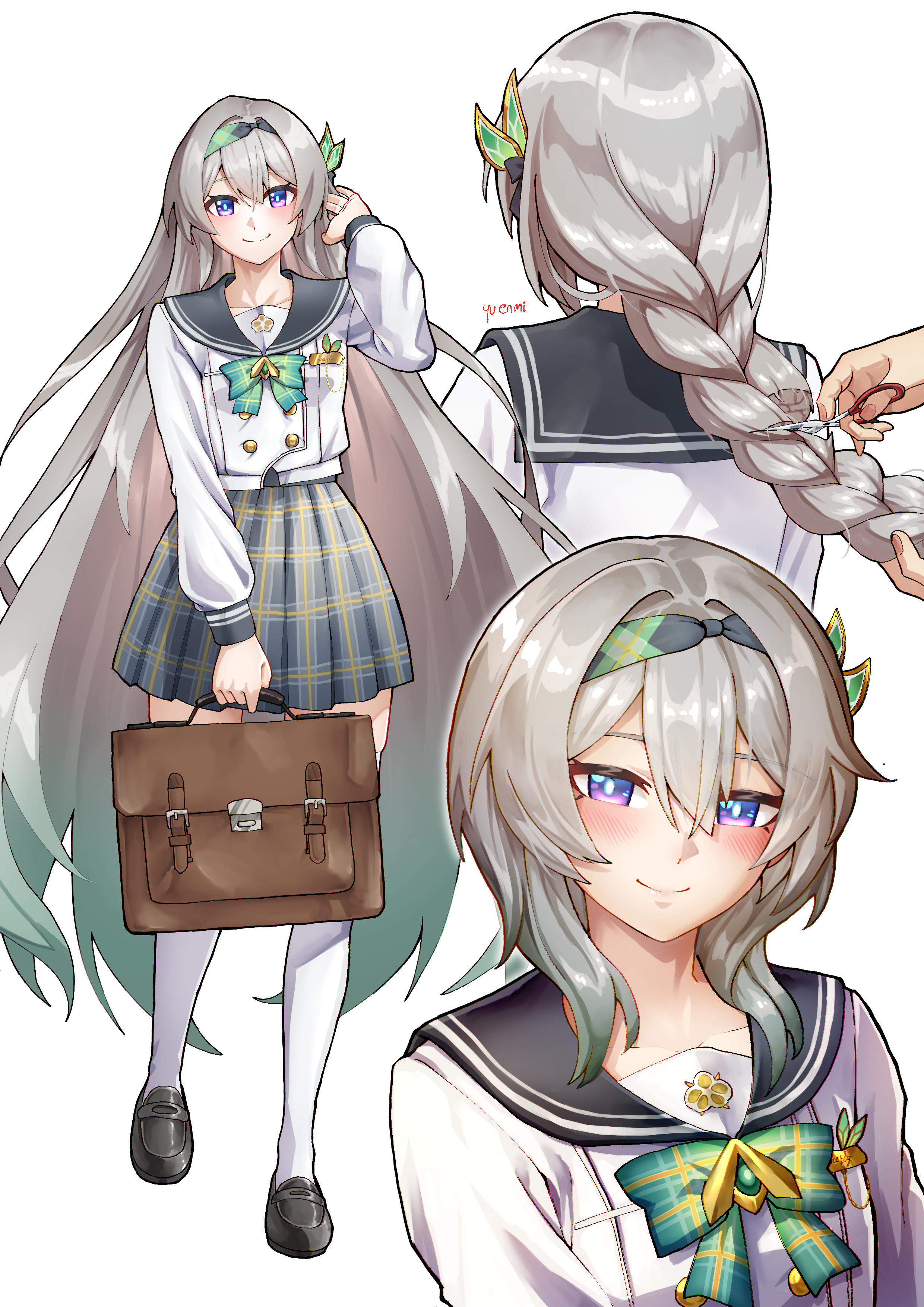 you nf, firefly (honkai: star rail), firefly (spring missive) (honkai: star rail), honkai: star rail, honkai (series), absurdres, highres, 1girl, 1other, alternate hairstyle, bag, black hairband, bow, closed mouth, collarbone, full body, gradient hair, green bow, green hair, grey hair, grey skirt, hair between eyes, hair ornament, hairband, holding, holding bag, holding scissors, long hair, long sleeves, looking at viewer, multicolored hair, official alternate costume, pink eyes, pleated skirt, school bag, school uniform, scissors, short hair, skirt, smile, very long hair