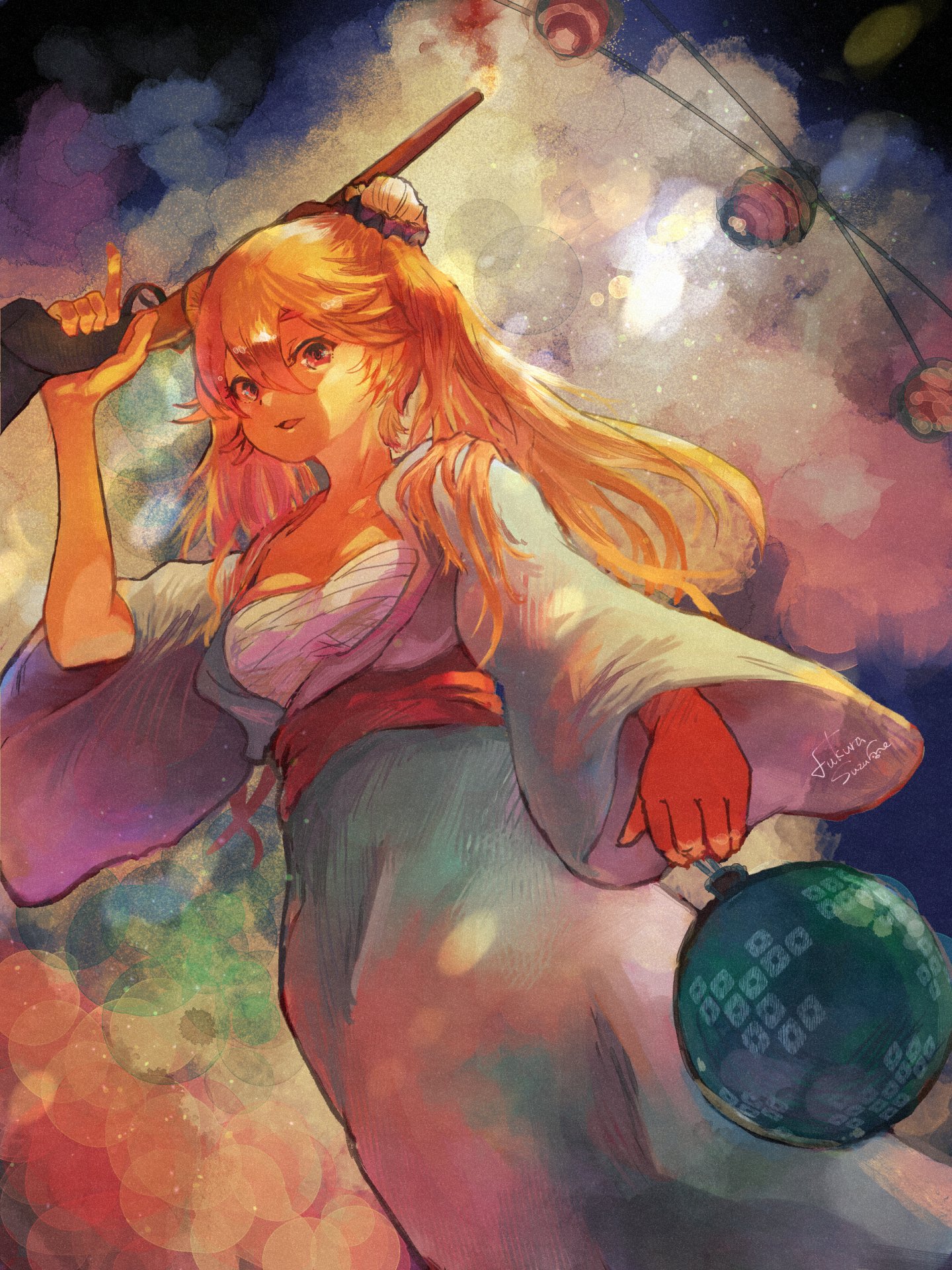 mementomori (game), highres, 1girl, aqua kimono, black scrunchie, blonde hair, breasts, chest sarashi, cordie (mementomori), double bun, from below, fukura suzume, gun, hair bun, hair ornament, hair scrunchie, holding, holding gun, holding weapon, japanese clothes, kimono, long hair, open mouth, sarashi, scrunchie, signature, solo, twintails, water yoyo, weapon, yukata