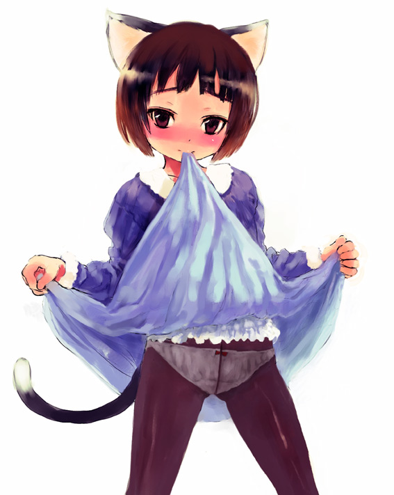 sasahara yuuki, 1girl, animal ears, blush, bow, bow panties, brown eyes, brown hair, cat ears, cat tail, clothes in mouth, clothes lift, crotch seam, female focus, lifting own clothes, loli, mouth hold, panties, panties under pantyhose, pantyhose, pantyshot, see-through clothes, short hair, skirt, skirt in mouth, skirt lift, solo, tail, underwear, upskirt, white panties