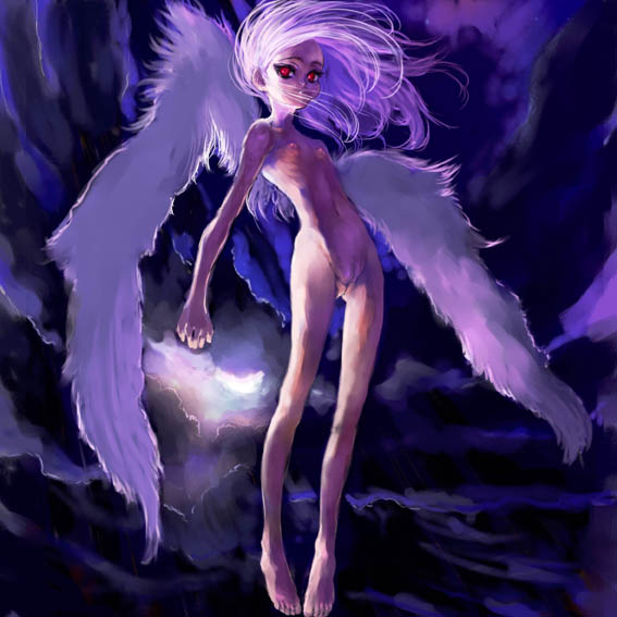 sasahara yuuki, copyright request, 1girl, female focus, loli, nude, red eyes, solo, white hair, wings