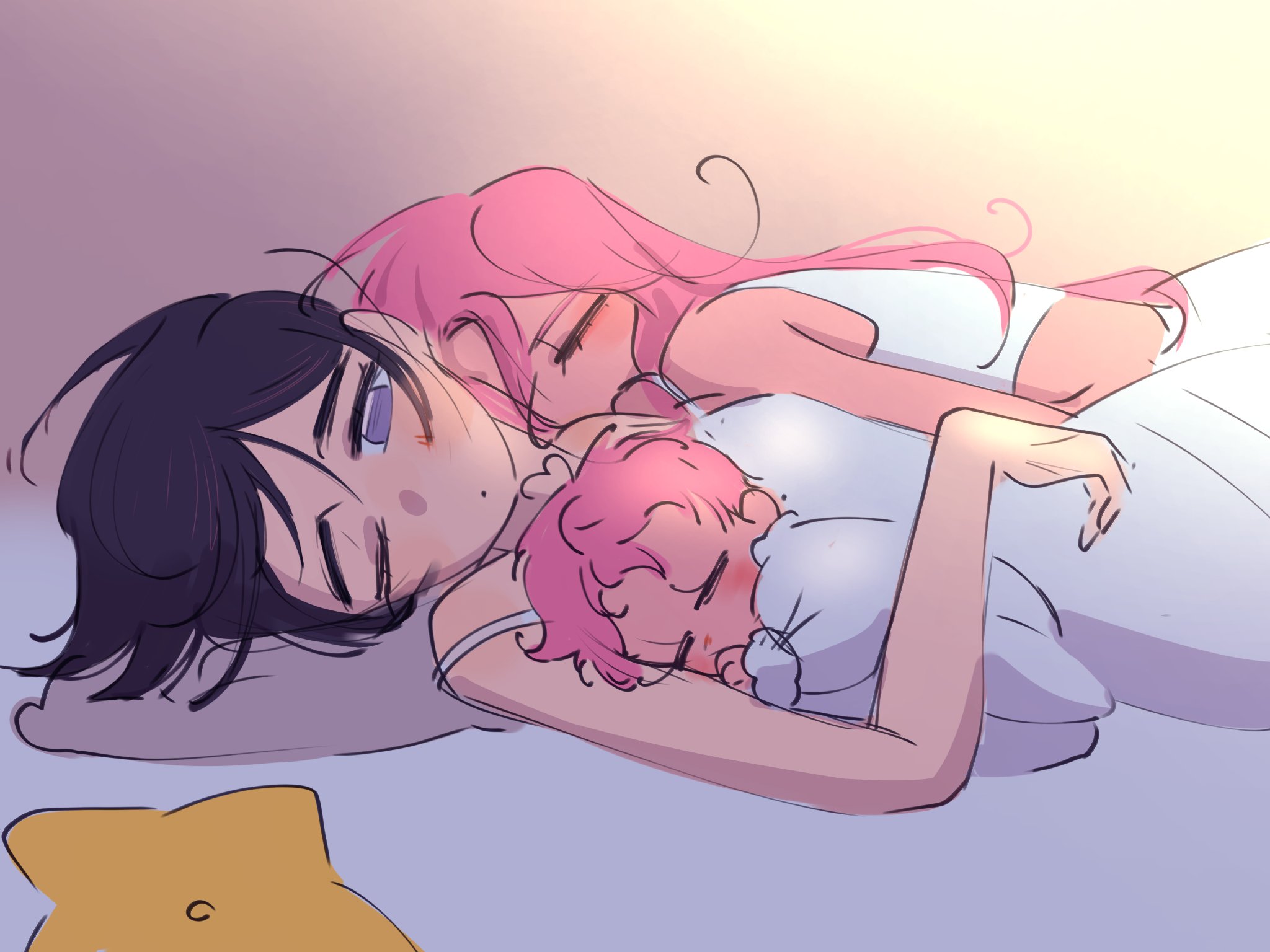 mizi (alien stage), sua (alien stage), alien stage, highres, 3girls, baby, black hair, cuddling, dress, gradient background, if they mated, long hair, multiple girls, one eye closed, pink hair, purple eyes, science babies, sleeping, tank top, white dress, white tank top, yuri, z0ri0n daizzz