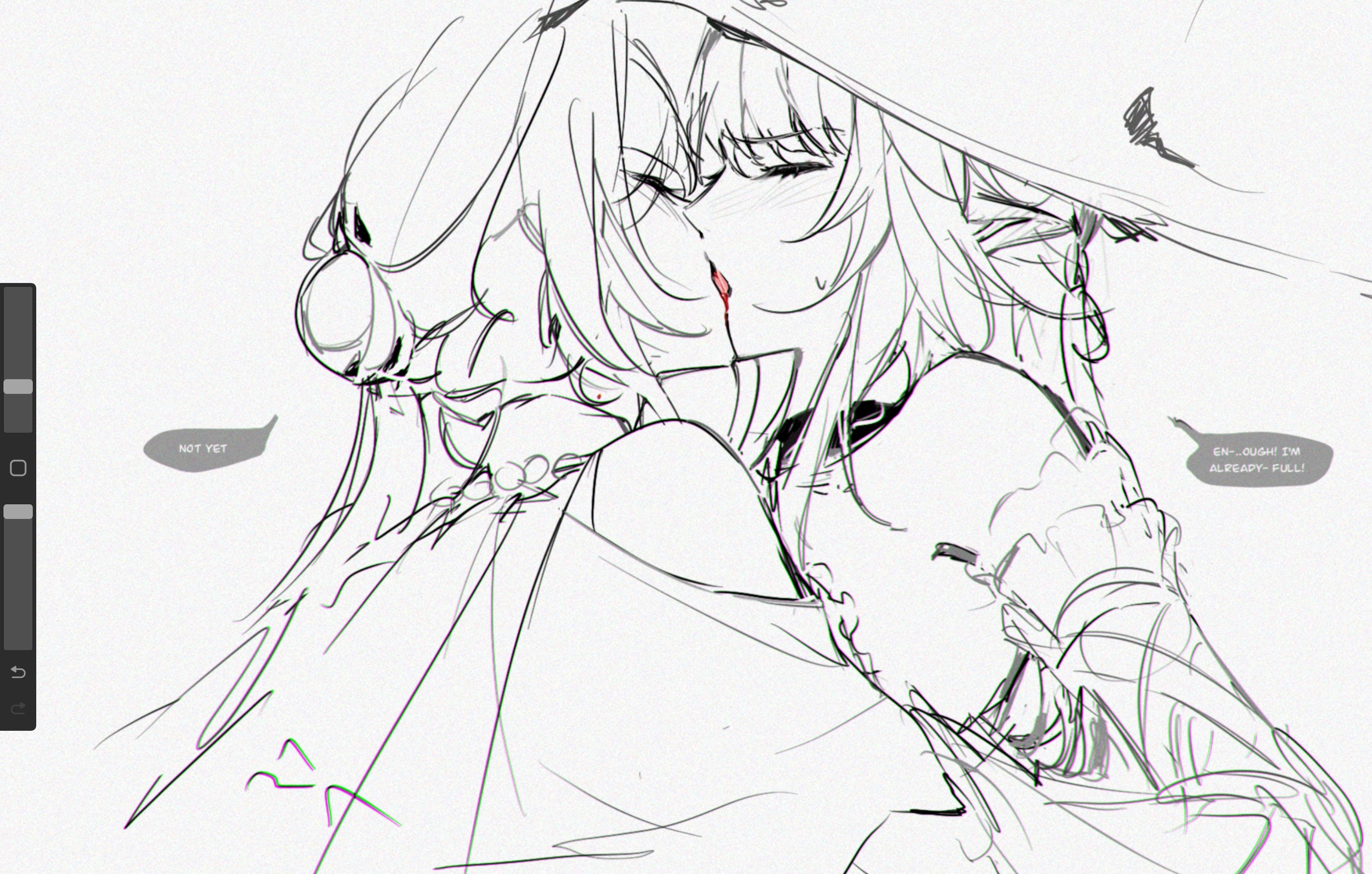 1nuyaki, herta (honkai: star rail), ruan mei (honkai: star rail), the herta (honkai: star rail), honkai: star rail, honkai (series), commentary, highres, 2girls, art program in frame, bare shoulders, blush, chromatic aberration, closed eyes, english text, french kiss, greyscale, hat, kiss, long hair, monochrome, multiple girls, speech bubble, spot color, sweat, tongue, witch hat, yuri