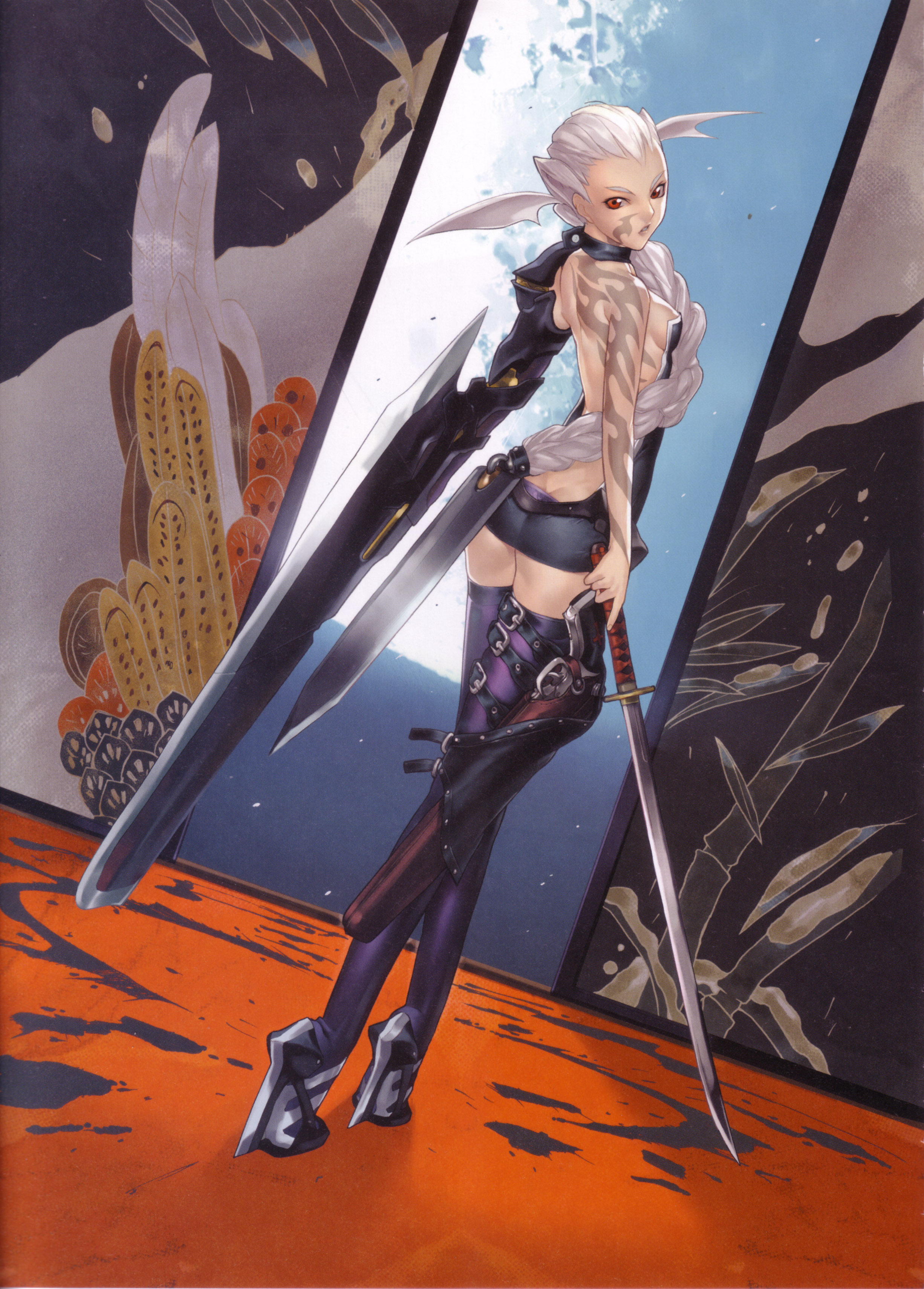 hakua ugetsu, maria (bakuretsu tenshi), bakuretsu tenshi, absurdres, artbook, highres, scan, 00s, 1girl, armor, back, black thighhighs, bodypaint, boots, braid, butt crack, collar, dimples of venus, facial mark, female focus, from behind, full body, gun, hair ornament, high heel boots, high heels, katana, long hair, looking back, red eyes, shoes, short hair, solo, sword, tattoo, thigh boots, thigh strap, thighhighs, weapon, white hair