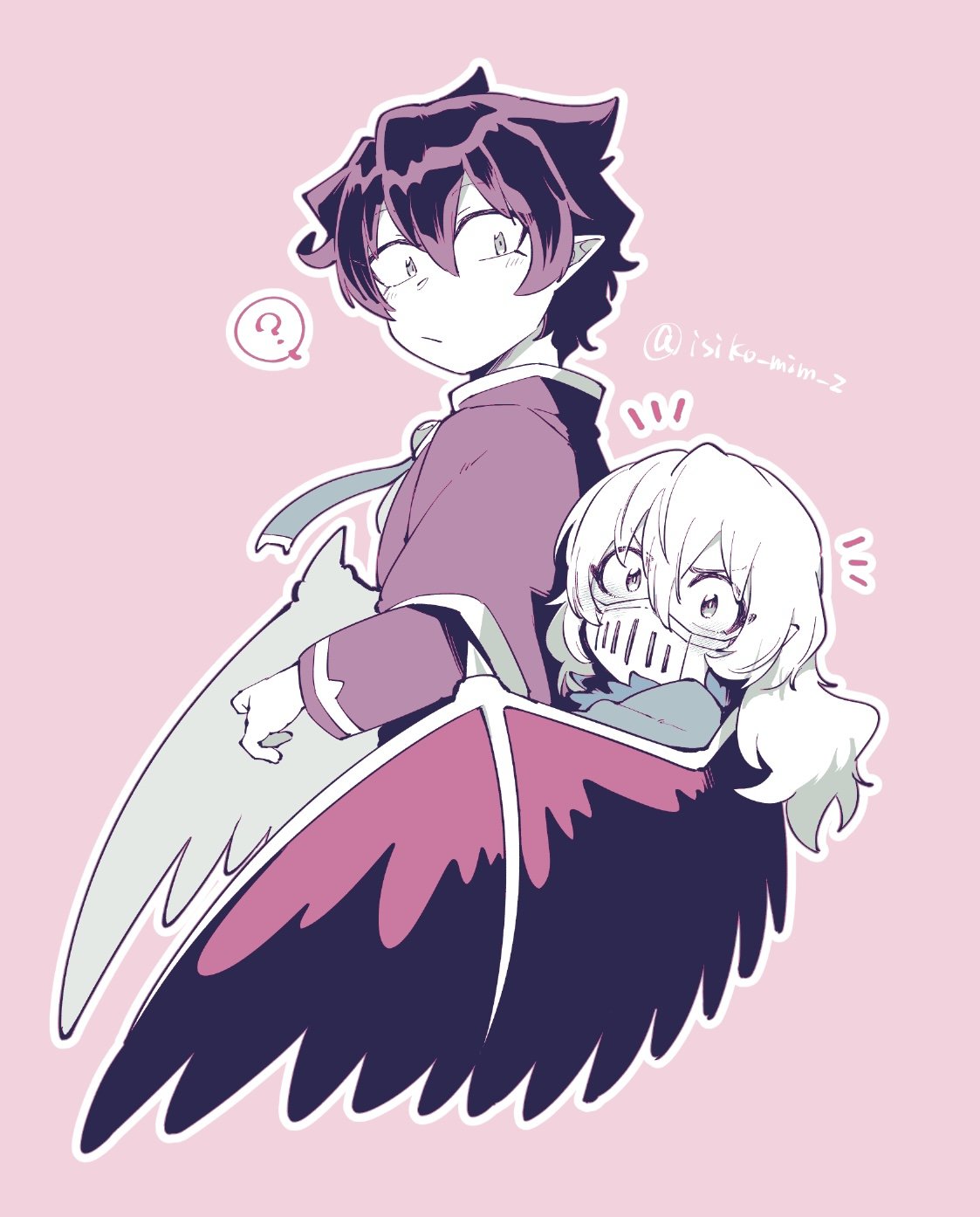 naberius kalego, mairimashita! iruma-kun, highres, +++, 2boys, ?, balam shichiro, bird wings, capelet, hair between eyes, height difference, isiko mim z, limited palette, long sleeves, looking at viewer, male focus, mask, medium hair, mouth mask, multiple boys, outline, pink background, pointy ears, school uniform, short hair, simple background, spoken question mark, twitter username, upper body, wings