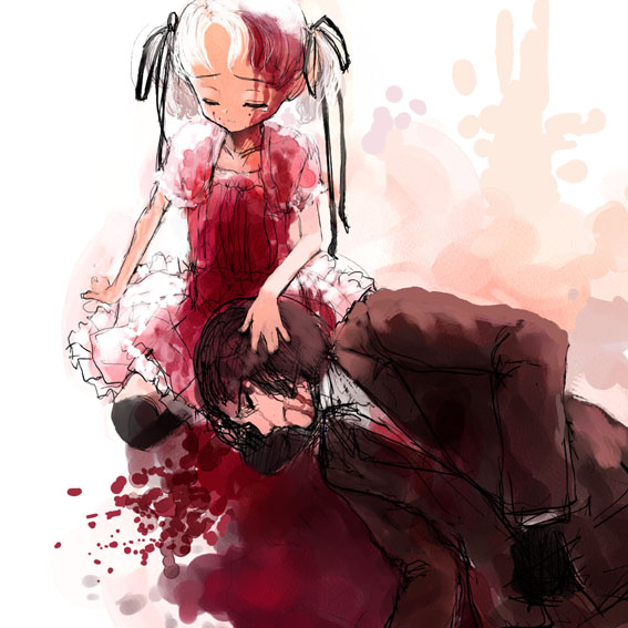 sasahara yuuki, 1boy, 1girl, blood, blood on ground, flat chest, kneehighs, kneeling, lap pillow, ribbon, short twintails, socks, twintails