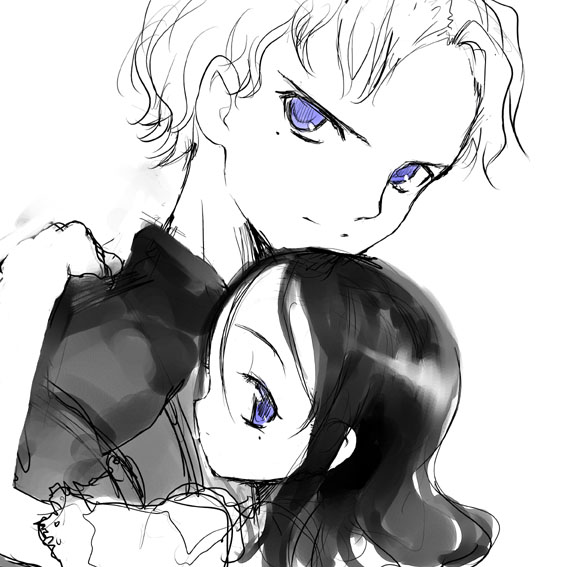 sasahara yuuki, 1boy, 1girl, blue eyes, greyscale, hetero, hug, mole, mole under eye, monochrome, spot color