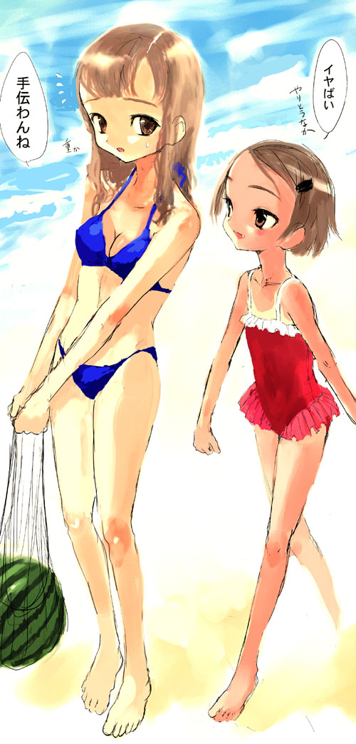 sasahara yuuki, translated, 2girls, barefoot, beach, bikini, breasts, brown eyes, brown hair, cleavage, feet, flat chest, food, fruit, multiple girls, net, small breasts, swimsuit, watermelon