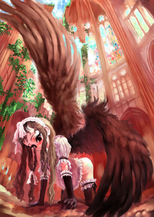sasahara yuuki, 1girl, all fours, blush, brown hair, elbow gloves, female focus, gloves, indoors, long hair, maid, sky, solo, thighhighs, wings