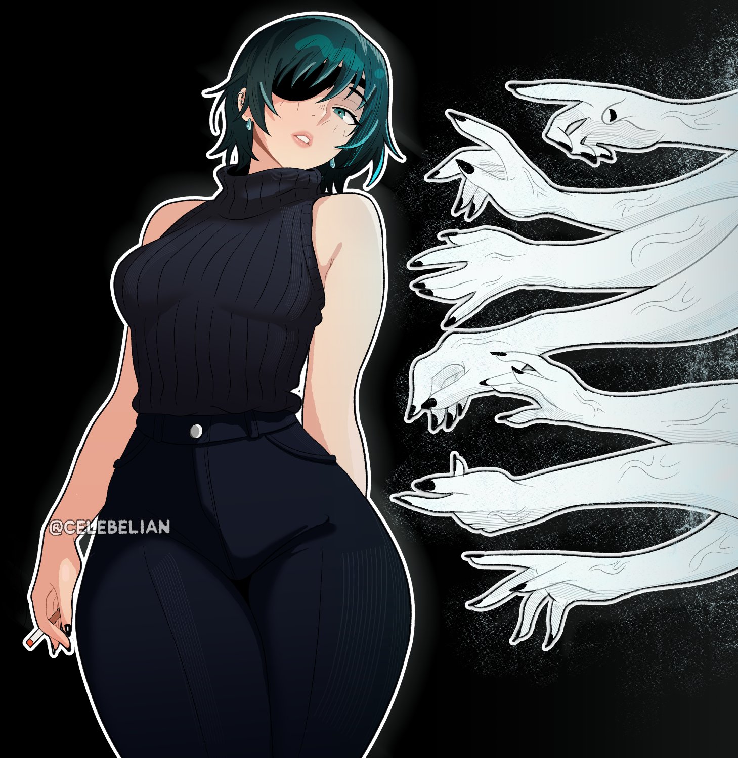 celebelian, ghost devil (chainsaw man), himeno (chainsaw man), chainsaw man, highres, 1girl, black nails, black pants, black sweater, blue eyes, blue hair, breasts, cigarette, earrings, eyepatch, holding, holding cigarette, jewelry, large breasts, medium hair, pants, parted lips, sleeveless, sleeveless turtleneck, solo, sweater, sweater tucked in, turtleneck, turtleneck sweater