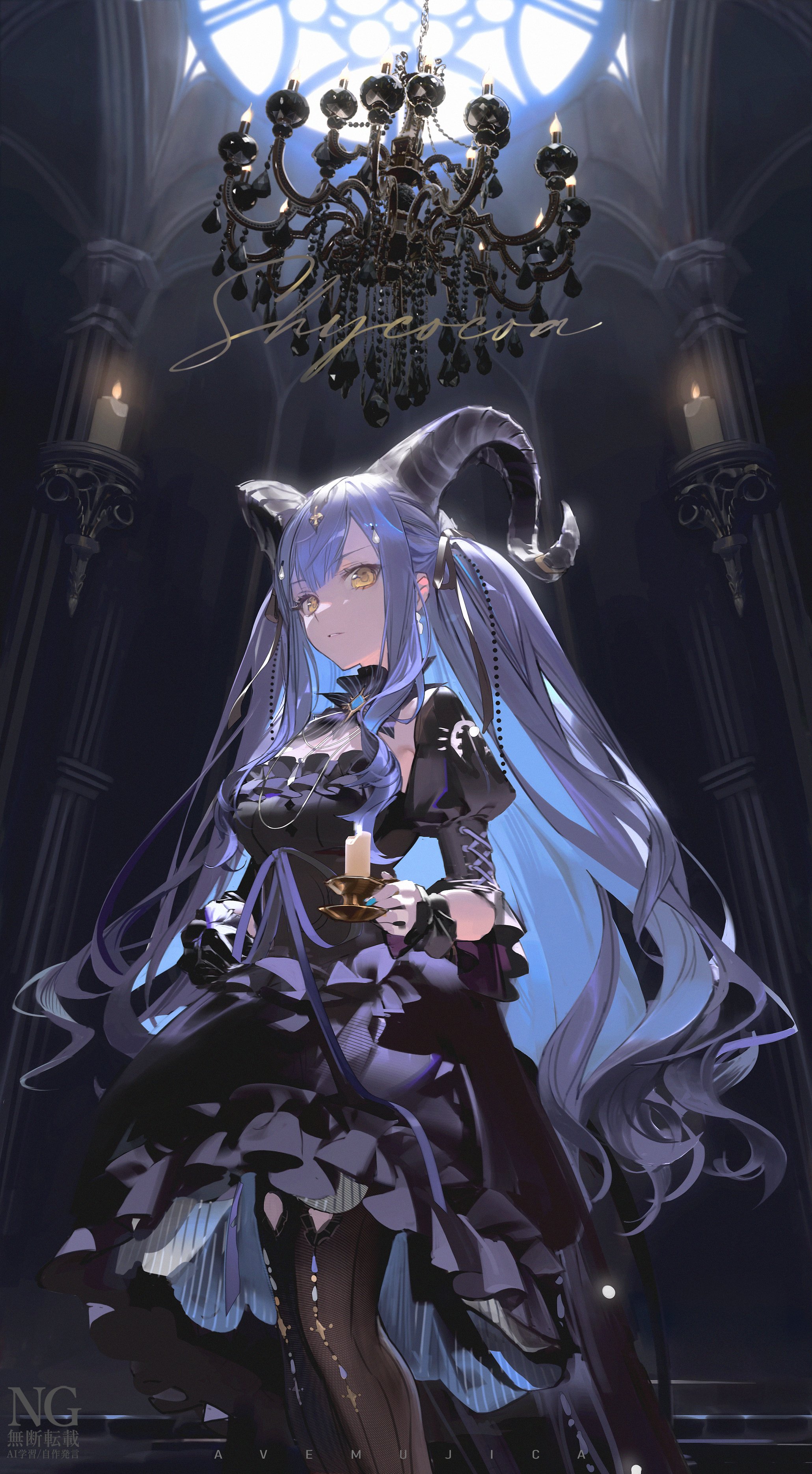 shycocoa, togawa sakiko, arknights, bang dream!, bang dream! it's mygo!!!!!, absurdres, commentary, hashtag-only commentary, highres, 1girl, artist name, black dress, black gloves, black pantyhose, blue hair, blue nails, candle, candlelight, candlestand, chandelier, curled horns, demon horns, dress, frilled dress, frills, gloves, group name, hair ornament, holding candlestand, horns, indoors, juliet sleeves, long hair, long sleeves, nail polish, pantyhose, parted lips, puffy sleeves, signature, single glove, skylight, solo, togawa sakiko (master of melodia), very long hair, yellow eyes