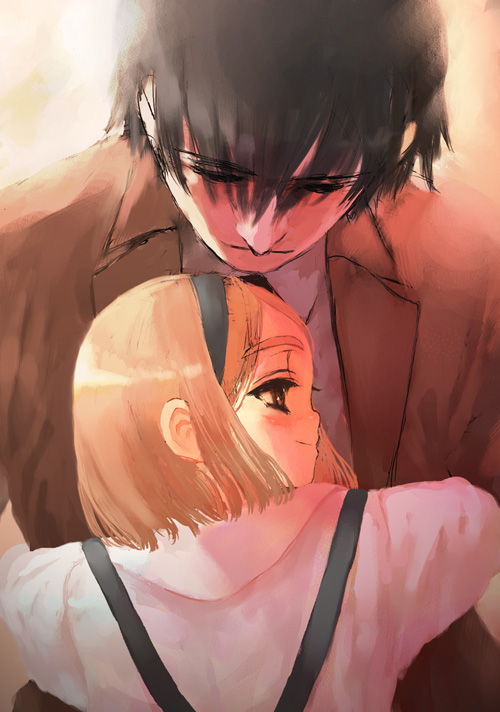 sasahara yuuki, henrietta (gunslinger girl), jose croce, gunslinger girl, 00s, blush, bob cut, brown hair, hairband, hug
