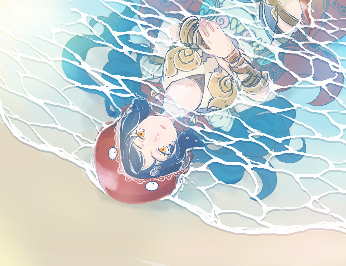 michibata 65, nagi (another eden), another eden, commentary request, 1girl, animal hood, arm guards, beach, black hair, breasts, cape, cleavage, collarbone, day, from above, hands on own stomach, hatching (texture), hood, hood up, hooded cape, large breasts, linear hatching, long hair, looking at viewer, looking up, lying, on back, open mouth, orange eyes, outdoors, own hands together, parted bangs, partially submerged, red cape, shell hair ornament, shirt, short sleeves, solo, upper body, v-neck, water, wavy hair, white shirt