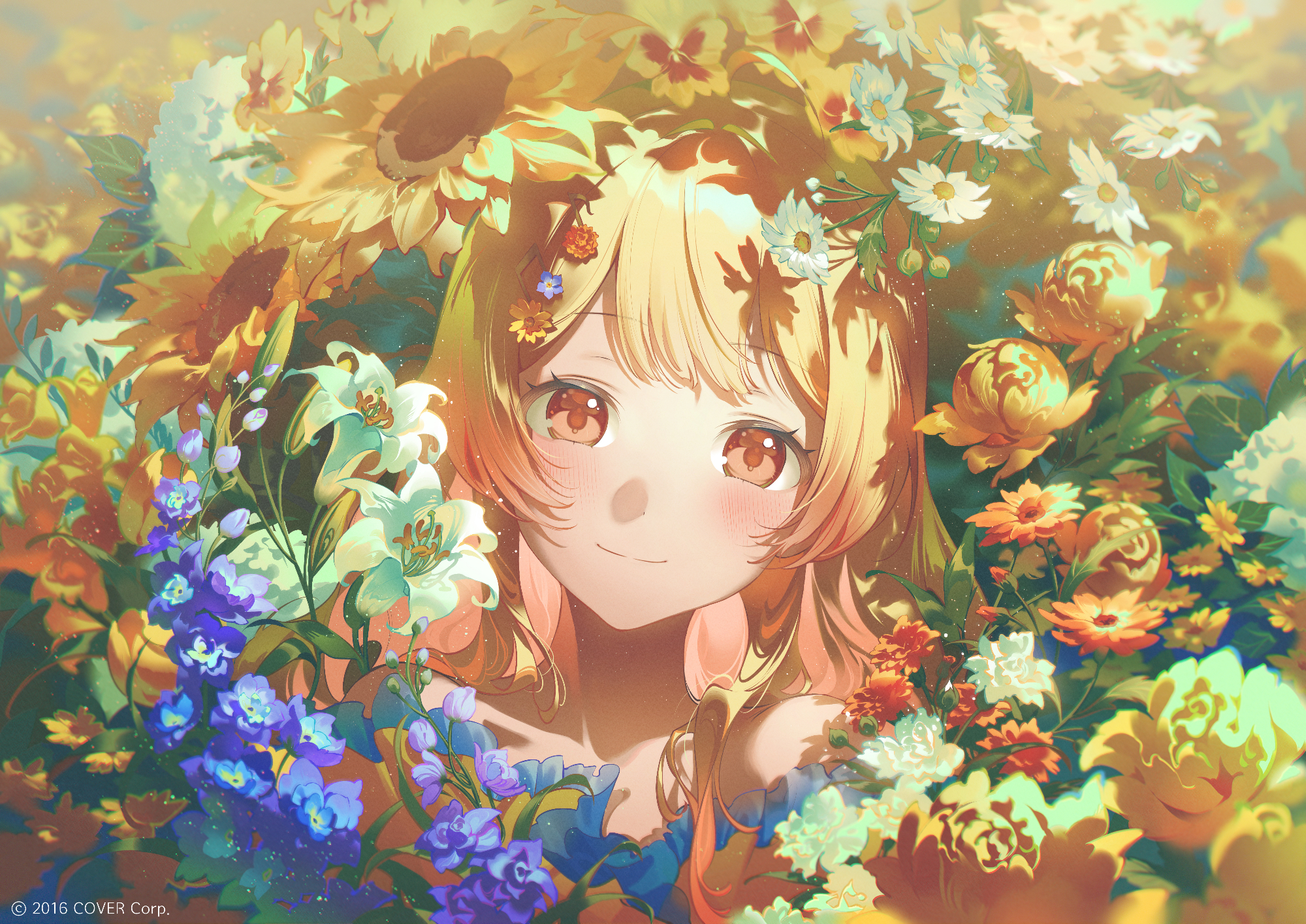 fajyobore, otonose kanade, hololive, hololive dev is, commentary, english commentary, highres, official art, 1girl, blonde hair, brown eyes, closed mouth, copyright notice, double-parted bangs, flower, gradient hair, hair between eyes, light blush, long hair, looking at viewer, multicolored hair, orange hair, sidelocks, smile, solo, virtual youtuber