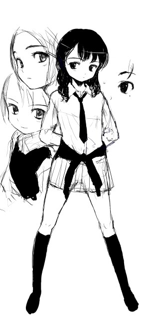 sasahara yuuki, tagme, greyscale, monochrome, necktie, sketch, thighhighs