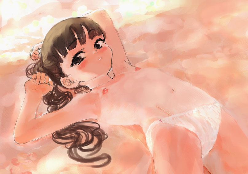 sasahara yuuki, copyright request, 1girl, blush, female focus, flat chest, loli, nipples, panties, solo, tan, tanline, topless female, underwear