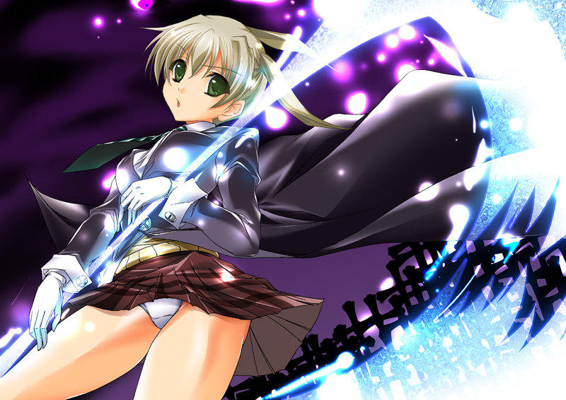 maho (yakimorokoshi), mashuu (masyu), maka albarn, soul eater, alternate breast size, 00s, collared shirt, panties, pantyshot, plaid clothes, plaid skirt, scythe, shirt, skirt, solo, underwear