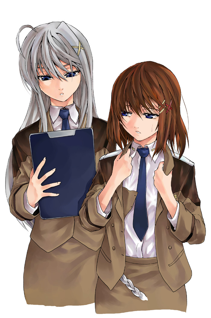 raid slash, reinforce zwei, yagami hayate, lyrical nanoha, mahou shoujo lyrical nanoha, mahou shoujo lyrical nanoha strikers, silver hair, 00s, 2girls, ahoge, blue eyes, brown hair, clipboard, hair ornament, hair ribbon, hairclip, long hair, military, military uniform, multiple girls, necktie, pencil skirt, ribbon, short hair, skirt, x hair ornament