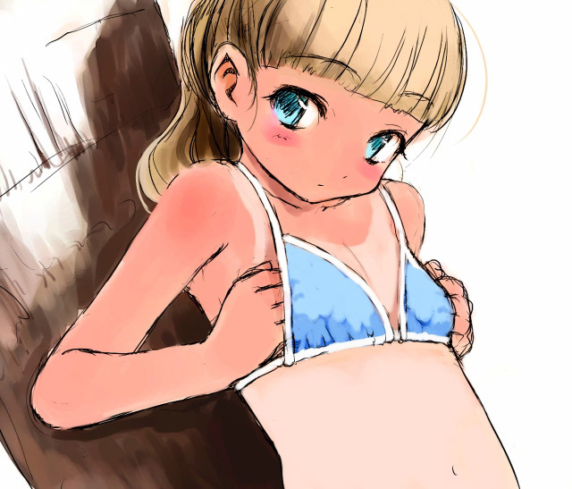 sasahara yuuki, 1girl, aqua eyes, bikini, blonde hair, blue eyes, blush, covering breasts, covering privates, female focus, flat chest, groping, hand under clothes, head tilt, loli, looking at viewer, one-piece tan, solo, swimsuit, tan, tanline