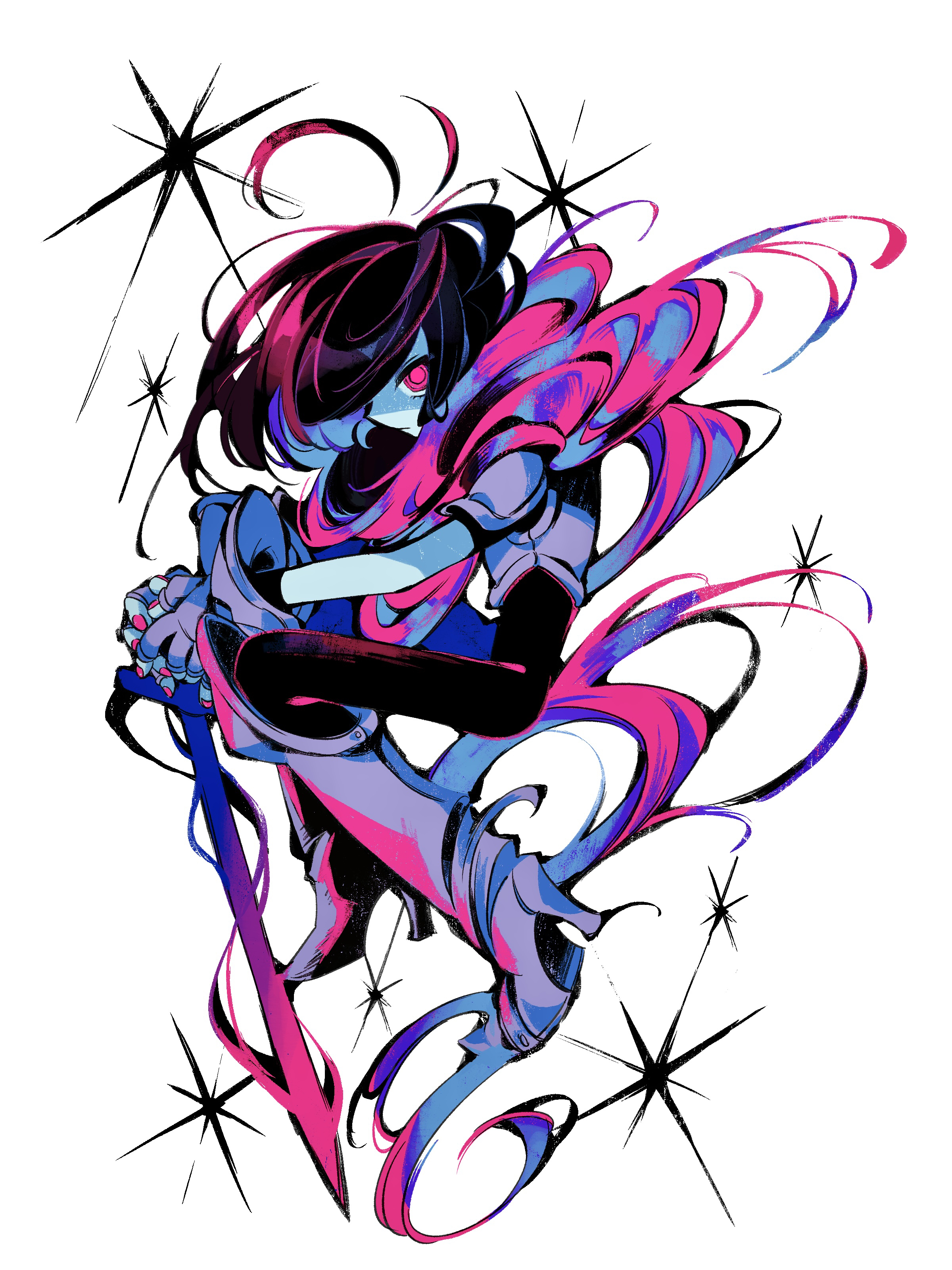g c hori, kris (dark world) (deltarune), kris (deltarune), deltarune, utdr (toby fox), absurdres, commentary request, highres, 1other, armor, armored boots, armored gloves, black bodysuit, black hair, blue skin, bodysuit, boots, closed mouth, colored skin, fingerless gloves, floating, full body, gloves, grey boots, grey gloves, high heel boots, high heels, holding, holding sword, holding weapon, knee boots, looking at viewer, medium hair, nail polish, no pupils, other focus, own hands together, pink eyes, pink nails, pink scarf, profile, ringed eyes, scarf, short sleeves, shoulder armor, simple background, solo, star (symbol), sword, weapon, white background