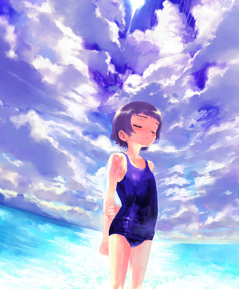 sasahara yuuki, beach, blue one-piece swimsuit, blue theme, blush, cameltoe, cowboy shot, day, flat chest, holding own arm, loli, one-piece swimsuit, outdoors, scenery, school swimsuit, solo, swimsuit, water