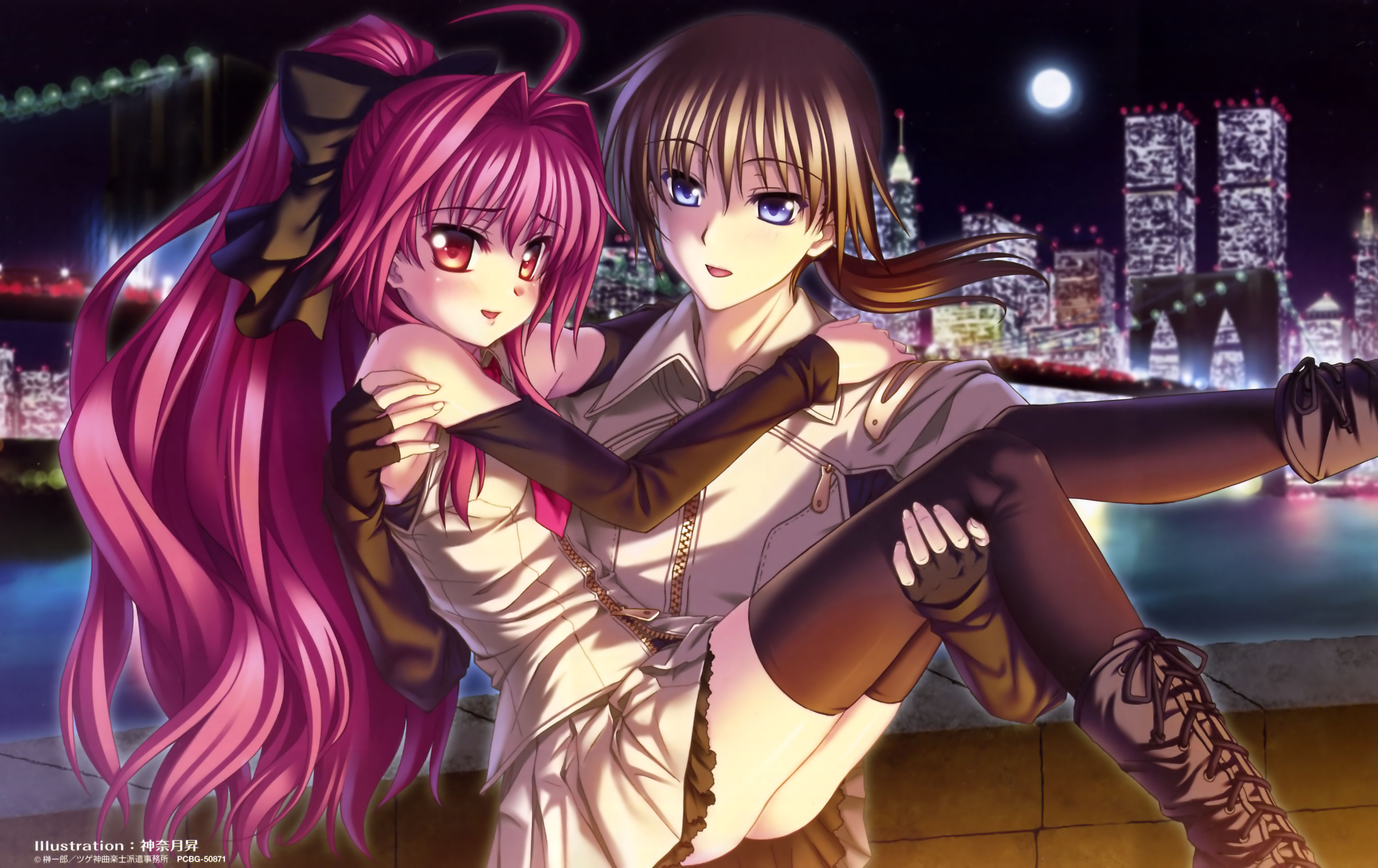 kannatsuki noboru, corticarte apa lagranges, tatara phoron, shinkyoku soukai polyphonica, absurdres, highres, non-web source, 00s, 1boy, 1girl, blush, boots, detached sleeves, hair ribbon, long hair, necktie, night, ponytail, red hair, ribbon, skirt, smile, thighhighs, zettai ryouiki
