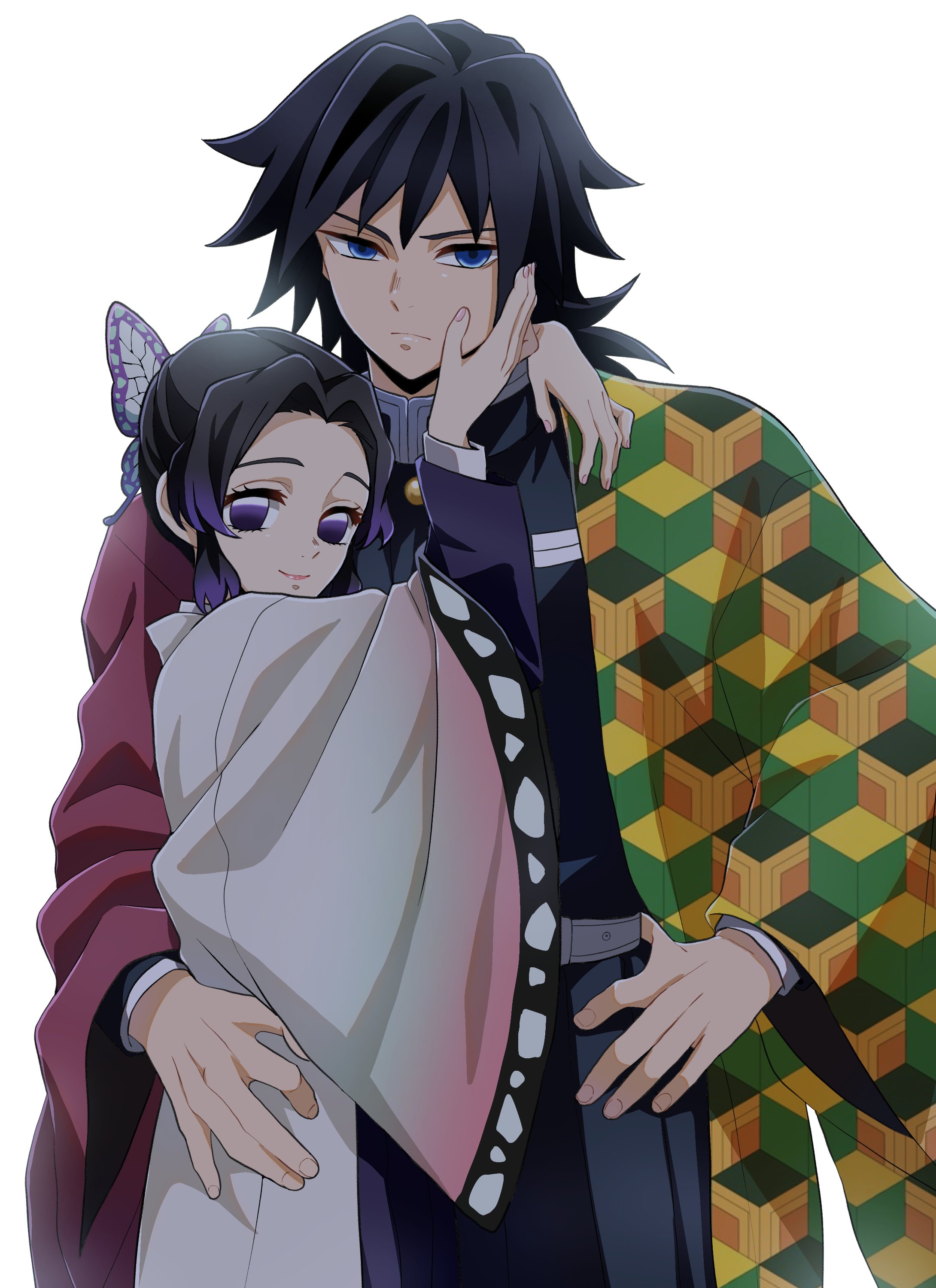 ukinarika, kochou shinobu, tomioka giyuu, kimetsu no yaiba, absurdres, highres, 1boy, 1girl, black hair, black jacket, blue eyes, butterfly hair ornament, buttons, closed mouth, demon slayer uniform, gold buttons, hair between eyes, hair ornament, hand up, haori, jacket, japanese clothes, kikkoumon, looking at viewer, low ponytail, male focus, ponytail, print haori, purple eyes, simple background, smile, spiked hair, white background, white haori