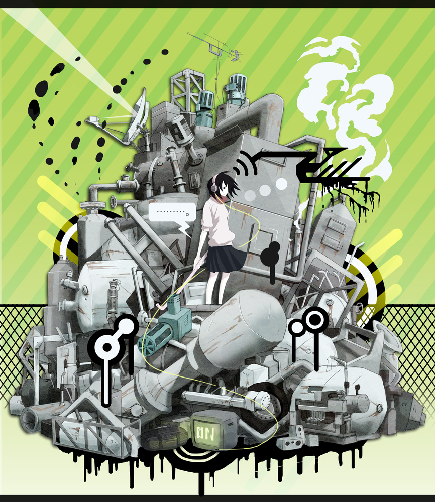 usi, original, light, looking away, …, 1girl, air conditioner, black eyes, black hair, black skirt, boombox, cable, chain-link fence, closed mouth, colored skin, female focus, fence, floating hair, gradient background, green background, headphones, holding, holding lead pipe, industrial pipe, lead pipe, letterboxed, rust, satellite dish, shirt, short hair, short sleeves, skirt, smoke, solo, speaker, speech bubble, spoken ellipsis, standing, striped background, television, turtleneck, unused tire, valve, white shirt, white skin, wind