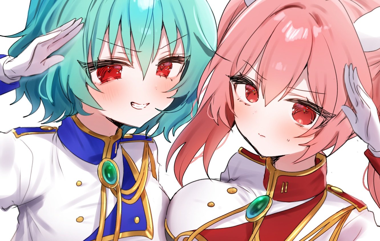 ma (aaayabaina111), chiester410, chiester45, umineko no naku koro ni, commentary request, 2girls, aqua hair, blush, breasts, double-parted bangs, eyelashes, gloves, gold trim, hair between eyes, large breasts, looking at viewer, multiple girls, pink hair, red eyes, salute, smile, sweatdrop, white gloves