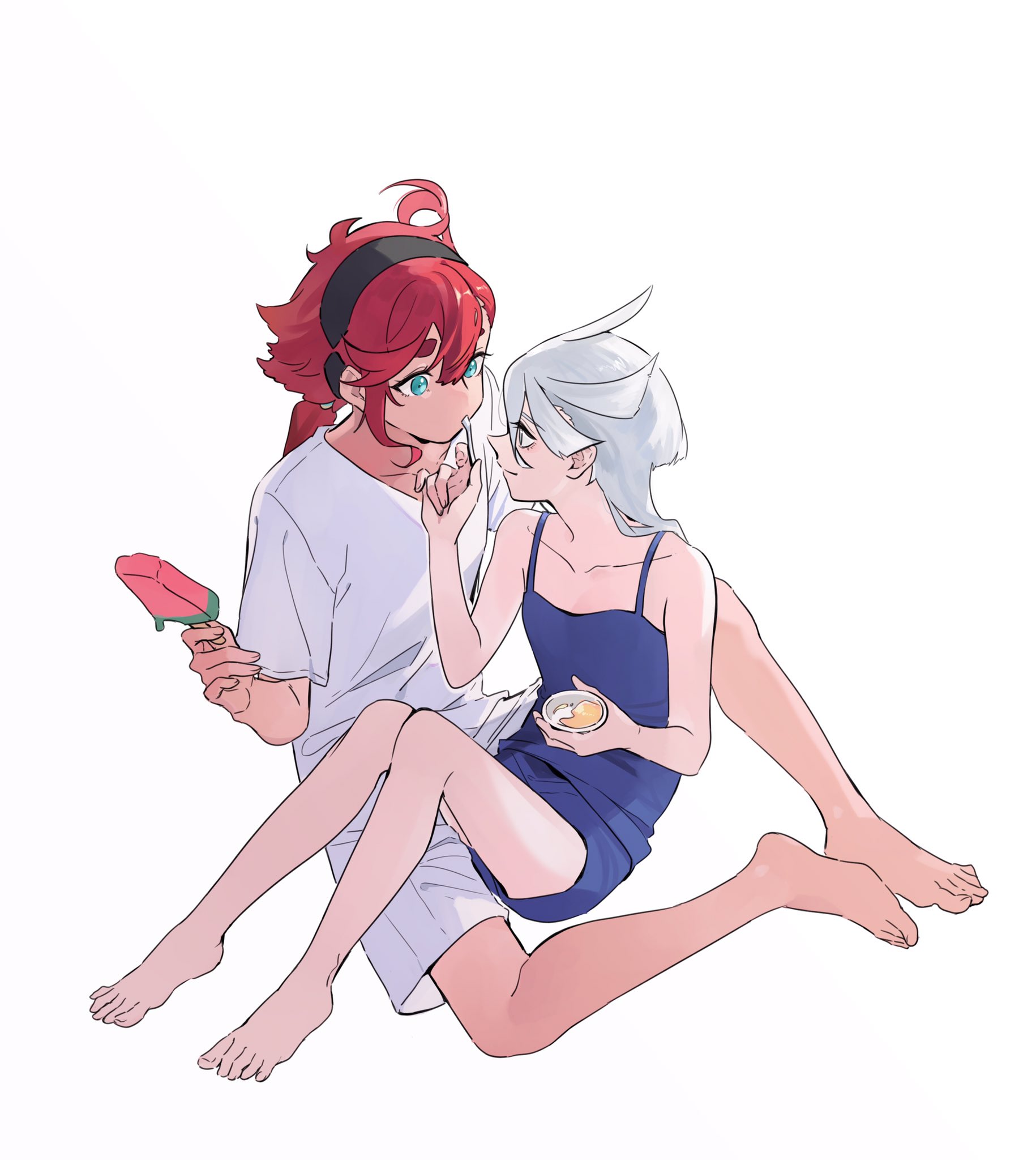 knightym22, miorine rembran, suletta mercury, gundam, gundam suisei no majo, commentary request, highres, 2girls, barefoot, between legs, black hairband, blue camisole, blue eyes, blue shorts, camisole, feeding, food, hairband, holding, holding food, holding popsicle, ice cream, long hair, multiple girls, popsicle, red hair, shirt, shorts, simple background, thick eyebrows, toes, white background, white hair, white shirt, white shorts, yuri